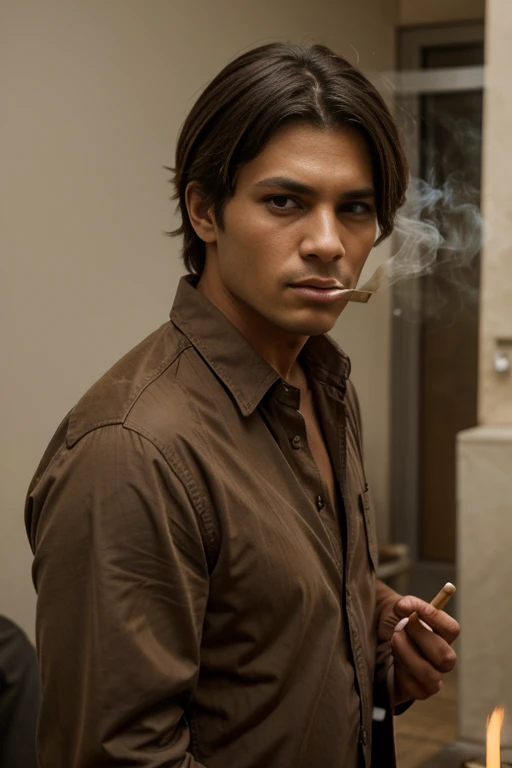 Westerner wearing ash-ish earth color shirt with right index and middle fingers smoking cigarette, cool brown eyes, sullen expression