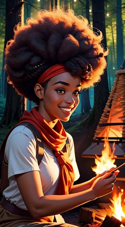 1girl, 25 years old, solo, dark skin, roasting a marshmallow, smile, forest background, campfire, afro, up-do, hair bandana