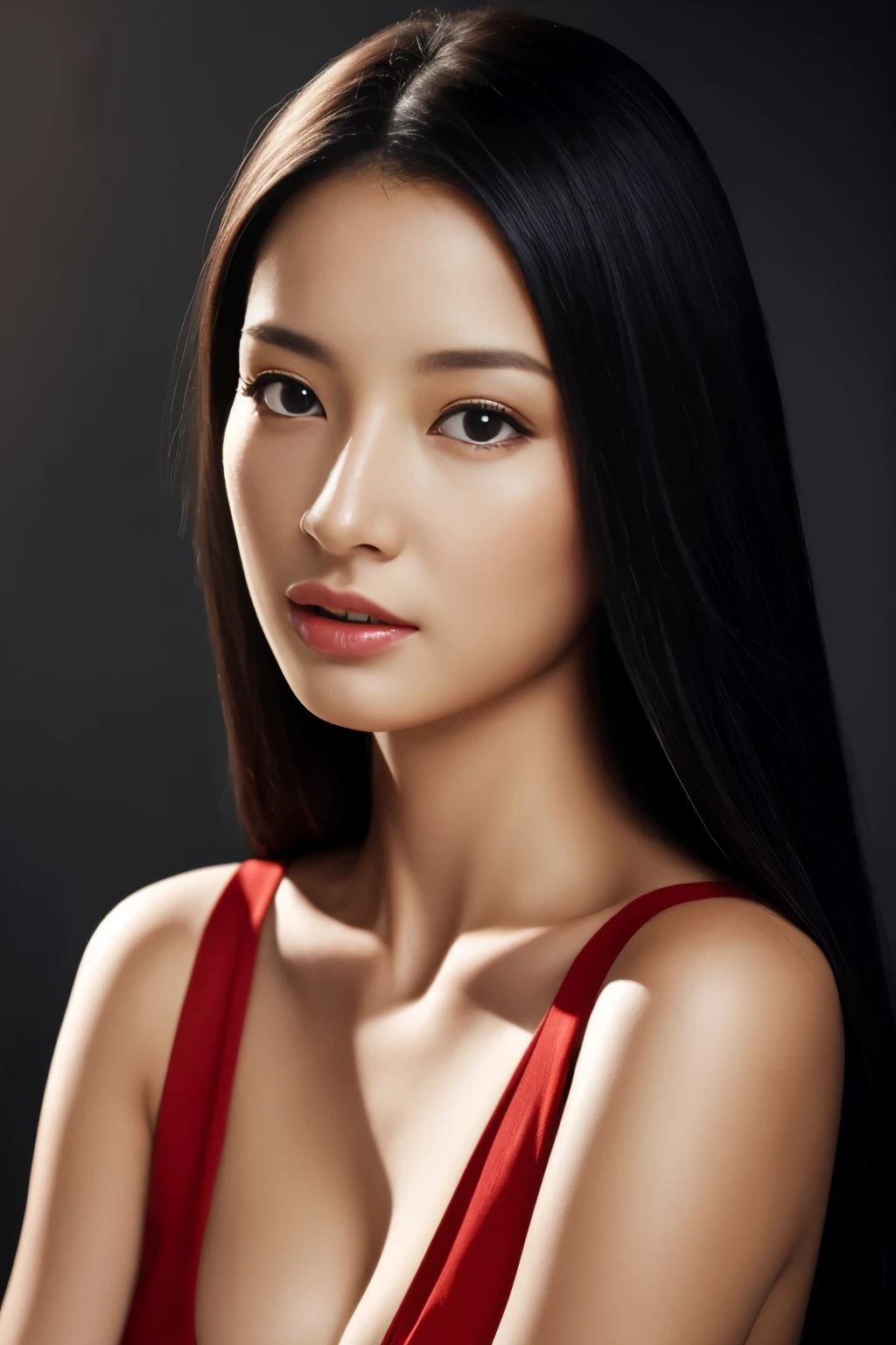 highest quality, masterpiece, 超A high resolution, Photorealistic, Raw photo, ((Beautiful woman)), 22 years old, Detailed face, Beautiful Eyes, (Look into the viewer&#39;s eyes), highest qualityのリアルな質感の肌, Fine grain, Detailed face, Enhances the body line, Enhances the beauty of skin texture, Captivating Bust, Sexy Eyes, Red dress, Queen, Black Hair, Straight Hair, whole body, ((Sexy pose)), ((Attractive pose))