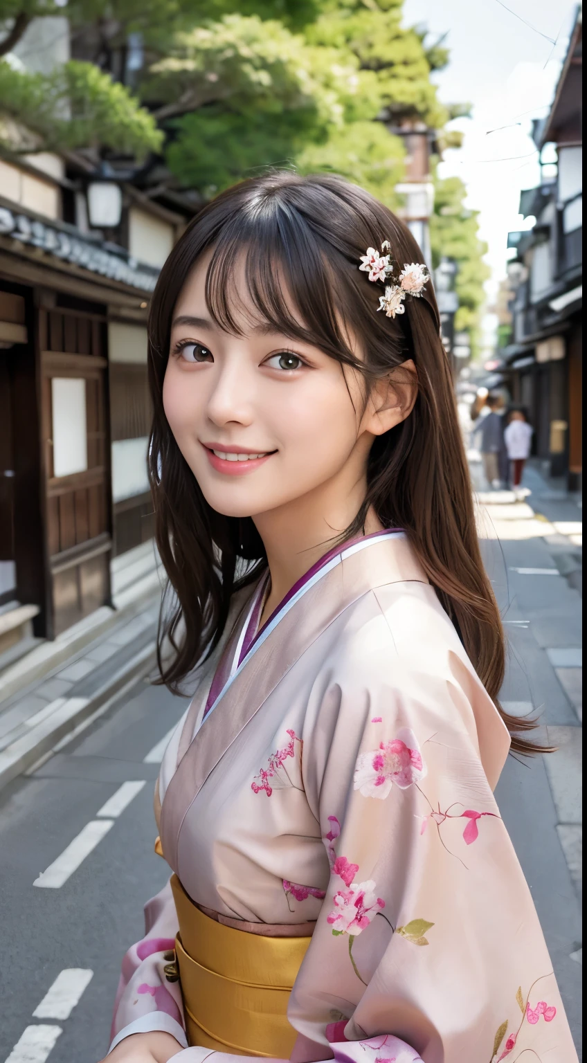 Professional Lighting,(Photorealistic:1.4), (Top image quality:1.0), (超A high resolution:1.0), 8k, Raw photography, (masterpiece:0.2), (Facing the children_v1:0.5)、(最高quality Detail:1.2)、Realistic、8K Ultra HD、High resolution、(1 girl:1.2)、超detailedな、High quality textures、複雑なdetailed、detailed、Very detailed CG、High quality shadows、detailed 美しく繊細な顔、Beautiful details and a delicate eye、(Symmetrical eyes:1.2),Written boundary depth、Ray Tracing,1 girl, Japanese Girls, (Natural smile:1.4),cute, thin, Portrait of a beautiful Japanese woman wearing a kimono, Standing elegantly on a street corner in Kyoto. Kimono with vibrant traditional patterns, Hair decorated with elegant and delicate hairpins, Gentle expression. (With the old streets of Kyoto in the background:1.4)、The soft light of a spring afternoon、Adding tranquility to the scene. Rendered in a Realistic style with great attention to detail, High resolutionの画像.Sky Porn, Magic Hour, (Realistic:1.3), finely, quality, (Tabletop:1.2), (Realistic:1.2), (最高quality), (複雑なdetailed), dramatic, Ray Tracing, photograph, +roller