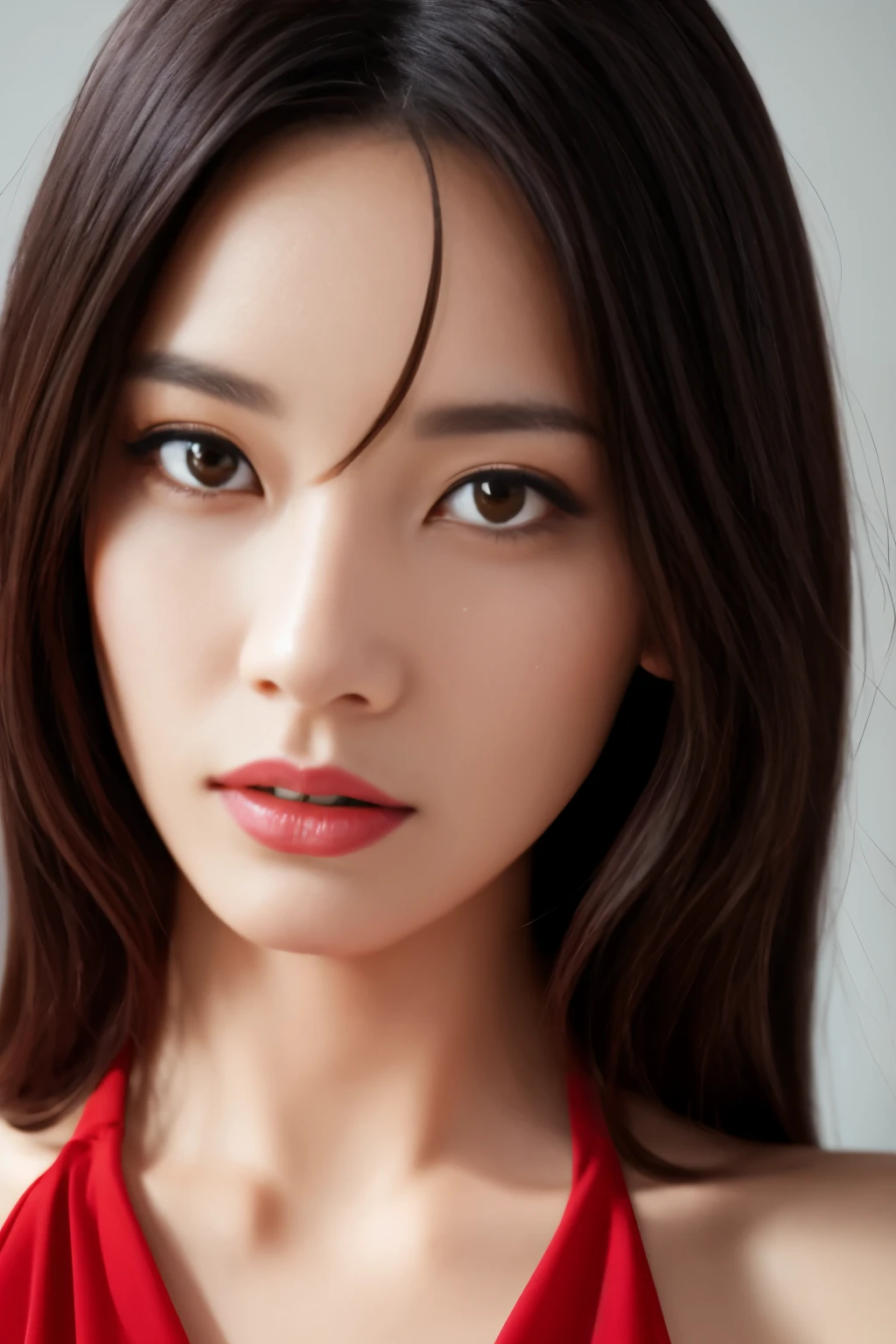 highest quality, masterpiece, 超A high resolution, Photorealistic, Raw photo, ((Beautiful woman)), 22 years old, Detailed face, Beautiful Eyes, (Look into the viewer&#39;s eyes), highest qualityのリアルな質感の肌, Fine grain, Detailed face, Enhances the body line, Enhances the beauty of skin texture, Captivating Bust, Sexy Eyes, Red dress, Queen, Black Hair, Straight Hair, whole body, ((Sexy pose)), ((Attractive pose))