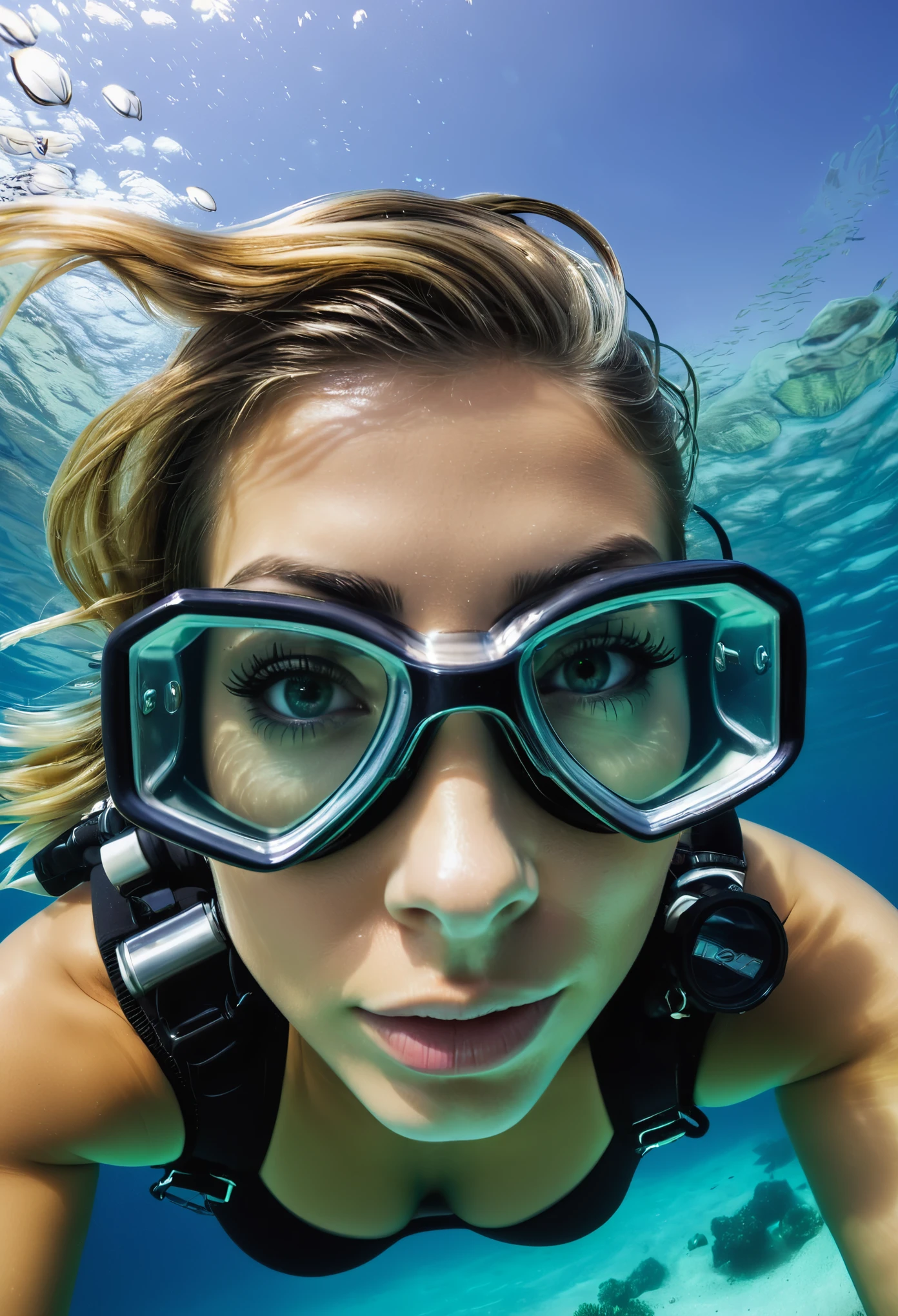 portrait of a beautiful female scuba diver under water, fish eye view, perfect eyes, perfect face, perfect skin textures, deep cleavage, perfect hands, perfect fingers