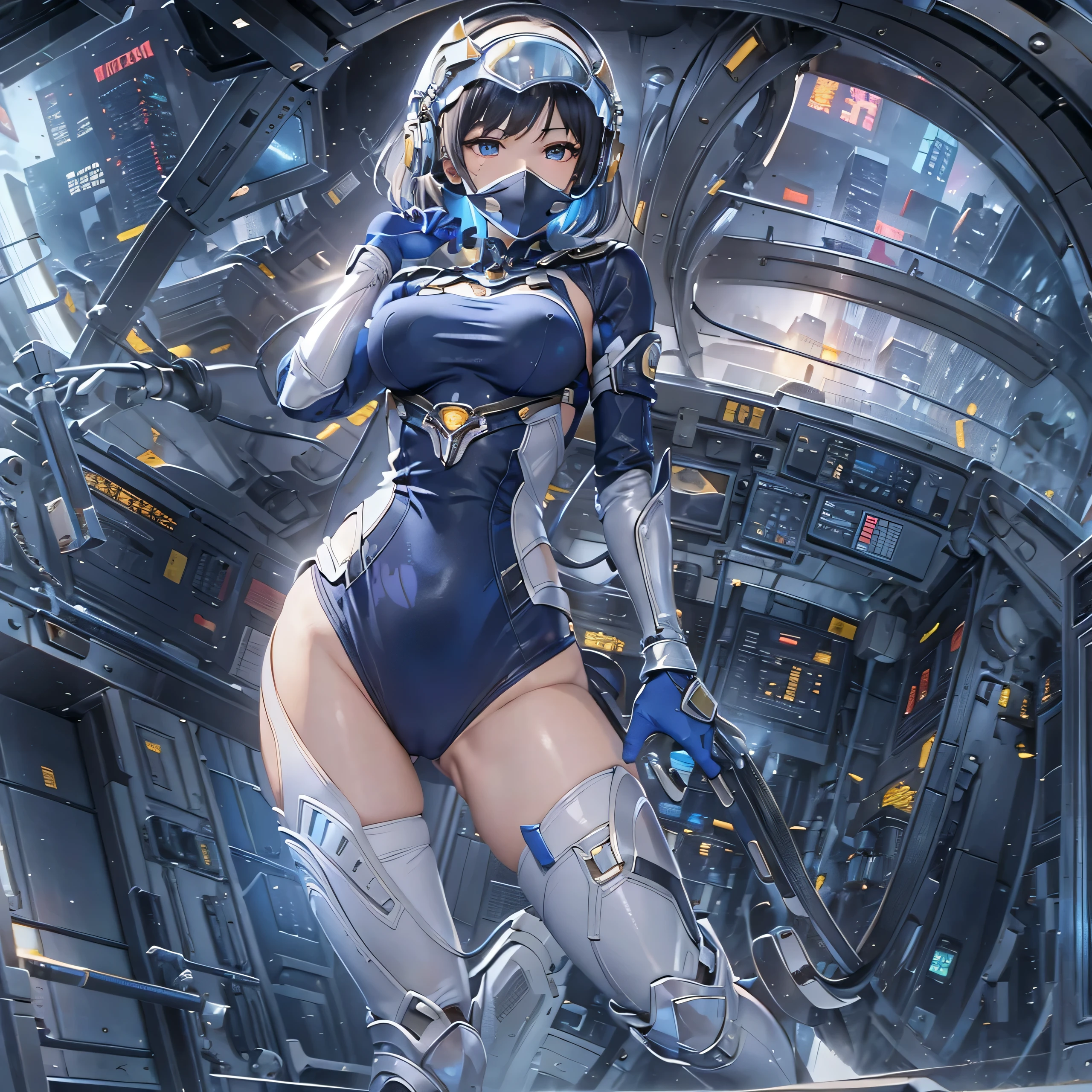 (masterpiece、highest quality、Highest Resolution、Clear_image、Detailed details、Angle from above): (Whole body、One 20 year old girl、Japanese Faces、Small Face、Slender、Navy blue super short bob cut hair、(Hidden small breasts:1.3)、Sparkling blue eyes、Shiny pilot suit in blue and black colors、Chest protection armor、Tight fitting clothes、Clothing that covers the whole body、Glamorous clothes、Tight Fit Pants、Hide your skin、Very delicate and beautiful、Detailed Skin、hide thighs、Hide your ass、Cute、A gentle smile、Soft expression、heroine、headset、Knee-high boots、Elbow-length gloves、Eye Level Shot、Face directly、Woman on a spaceship)