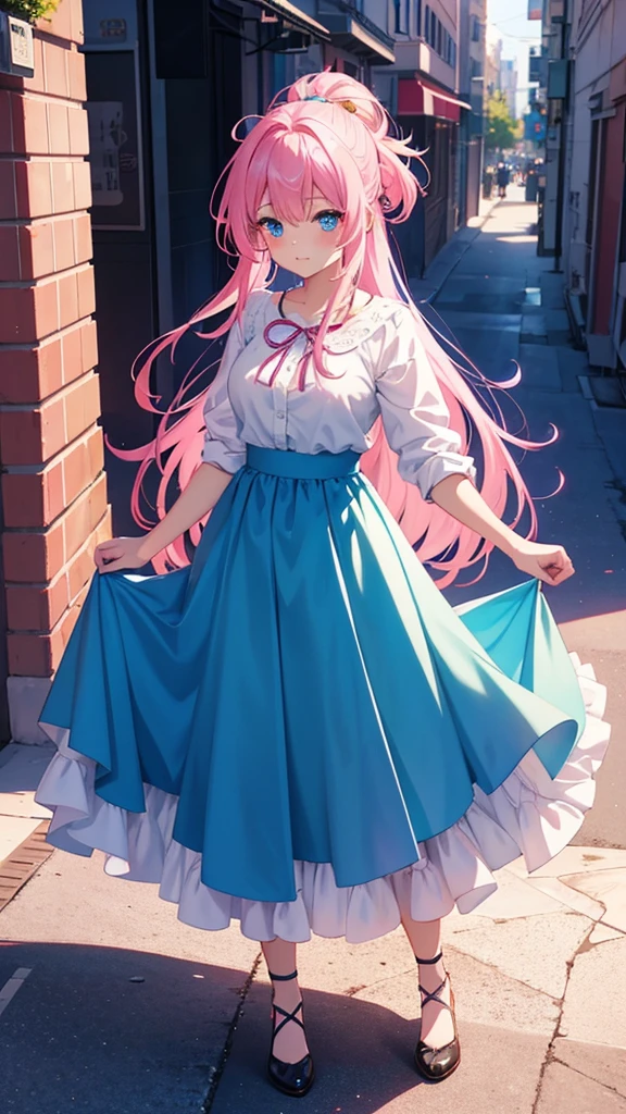 Pink hair anime girl,blue eyes, Blue long skirt，White，Popular on artstation pixiv, Digital art on pixiv, anime art wallpaper 8 k, Anime Art Wallpaper 4K, anime art wallpaper 4k, Highest rated on pixiv, beautiful anime artwork, pixiv contest winners