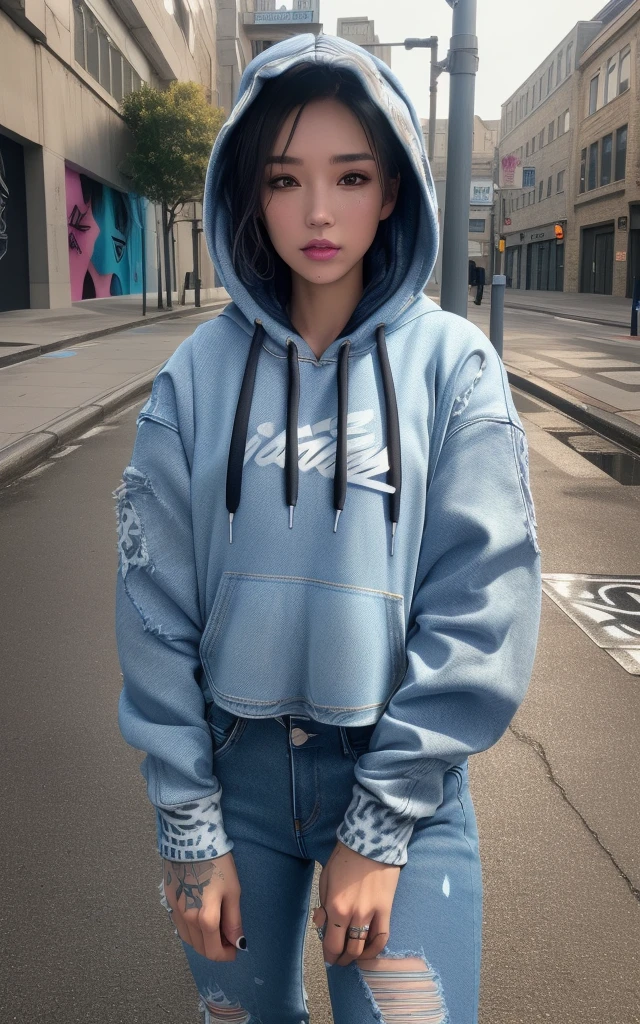 UHD, 4k, ultra detailed, cinematic, a photograph of high definition photo,ultra detailed skin,ultra detailed face,wet skin,xunge,(Street_art_inspired_hoodie:1.4),(Distressed_jeans:1.3),(High-top_sneakers:1.2),cowboy_shot,1girl,actress portrait,outdoors,, epic, beautiful lighting, inpsiring