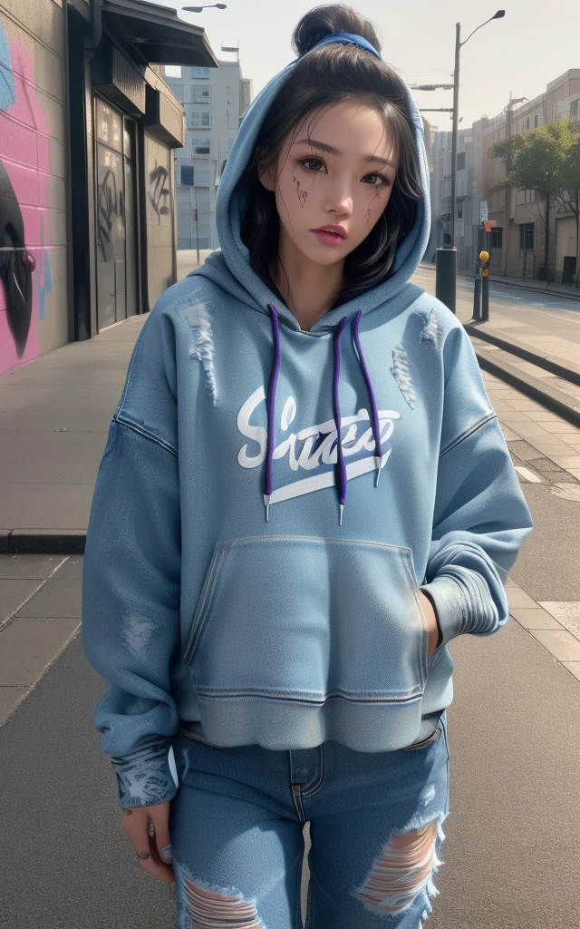 UHD, 4k, ultra detailed, cinematic, a photograph of high definition photo,ultra detailed skin,ultra detailed face,wet skin,xunge,(Street_art_inspired_hoodie:1.4),(Distressed_jeans:1.3),(High-top_sneakers:1.2),cowboy_shot,1girl,actress portrait,outdoors,, epic, beautiful lighting, inpsiring