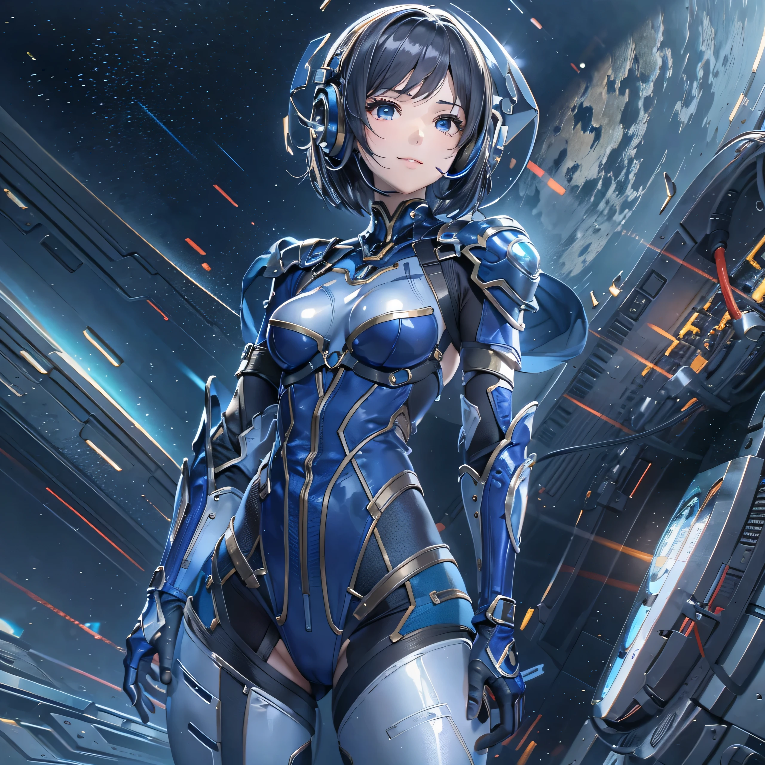 (masterpiece、highest quality、Highest Resolution、Clear_image、Detailed details、Angle from above): (Whole body、One 20 year old girl、Japanese Faces、Small Face、Slender、Navy blue super short bob cut hair、(Hidden small breasts:1.3)、Sparkling blue eyes、Shiny pilot suit in blue and black colors、Chest protection armor、Tight fitting clothes、Clothing that covers the whole body、Glamorous clothes、Tight Fit Pants、Hide your skin、Very delicate and beautiful、Detailed Skin、hide thighs、Hide your ass、Cute、A gentle smile、Soft expression、heroine、headset、Knee-high boots、Elbow-length gloves、Eye Level Shot、Face directly、Woman on a spaceship)