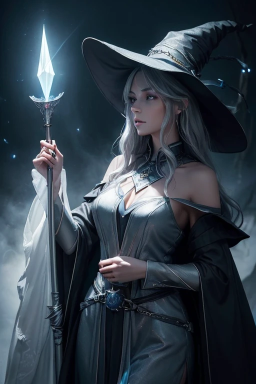 (master piece:1.8), (best quality:1.8), (exquisite lighting and shadow, highly dramatic picture, cinematic lens effect) 8k, wallpaper, looking at the viewer, female long silver hair waving in the air dark fantasy young witch lady wearing a futuristic dark gray large tunic with white ornaments and very long tunic sleeves, large dress with white ornaments, white lines in dress, with a big gray pointy magician hat with a big blue gem in the center, high heels, holding a middle magic staff, thin waist, notorious hips, serious look in the eyes, beautiful eyes, beautiful lips, blue shiny energy lake background, blue glowing mist behind, blue stars, blue energy flying spots behind, ethereal lightning, sharp focus