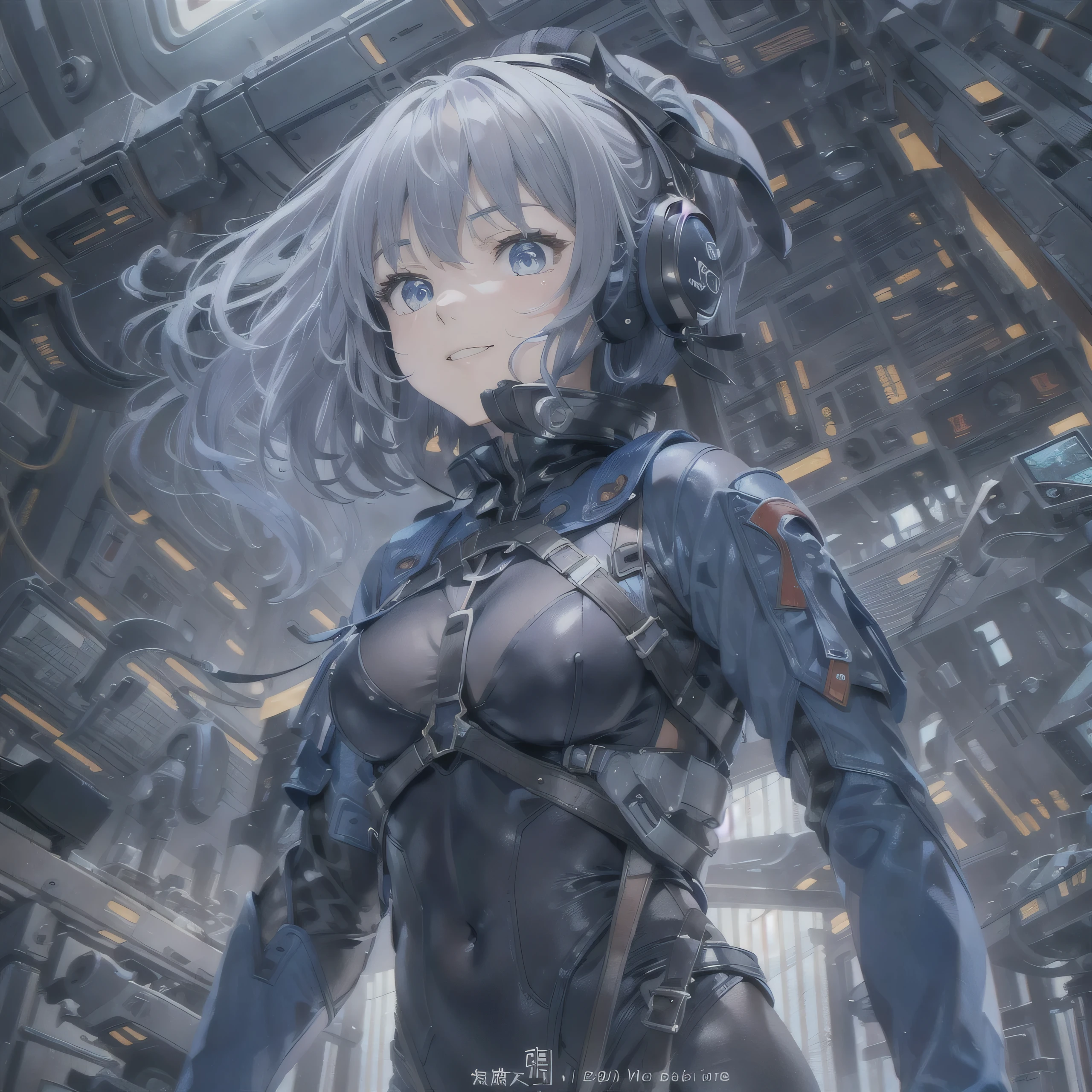 (masterpiece、highest quality、Highest Resolution、Clear_image、Detailed details、Angle from above): (Whole body、One 20 year old girl、Japanese Faces、Small Face、Slender、Navy blue super short bob cut hair、(Hidden small breasts:1.3)、Sparkling blue eyes、Shiny pilot suit in blue and black colors、Chest protection armor、Tight fitting clothes、Clothing that covers the whole body、Glamorous clothes、Tight Fit Pants、Hide your skin、Very delicate and beautiful、Detailed Skin、hide thighs、Hide your ass、Cute、A gentle smile、Soft expression、heroine、headset、Knee-high boots、Elbow-length gloves、Eye Level Shot、Face directly、Woman on a spaceship)