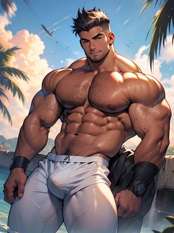 pessoas do  masculino，apenas pessoas，cabelo castanho，bonito，with a determined appearance, the ocular tissue is particularly developed，corpo super forte，The pectoral muscles are well developed, Protruding abdominal muscles，(carne magra)，(White tights Palavra com T)，(((Palavra com T)))，((The groin is raised))，((((The  is big：10))))，raiz gigante，(The erection)，(The  shape is obvious：1.8)，Dentro da academia，(with hands behind back)，the sunset，janela linda luz e sombra，Escultura delicada do tecido muscular，Best quality at best，4K Ultra Claro