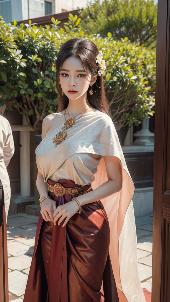 (raw photos:1.2), (realistic:1.4), (Masterpiece:1.3), (best quality:1.4), Ultra high resolution, (Detailed eyes), (Detailed facial features), (Detailed clothing features), HDR, 8K resolution, Focus only, Dressing according to Thai tradition, Traditional shawl , 1 woman , big breasts, A gigantic rift, big breastsดันเสื้อผ้า, big breast, Breasts are fully grown., Make your breasts bigger.., small waist, Long legs, Facing the audience, Full body, depth of field, Cinema-grade lighting system, big breasts,  too big for your body, Thin dress,