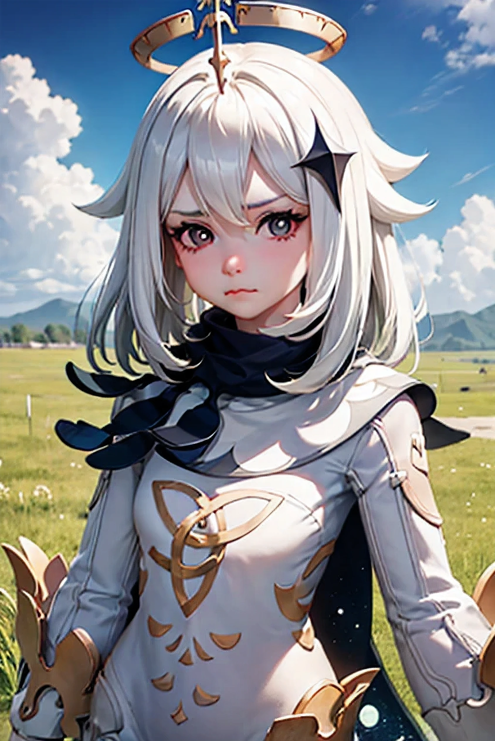 paimon, Genshin Impact, White hair, Pale skin, perfect face, , baby fac, grasslands, sunny, pouting