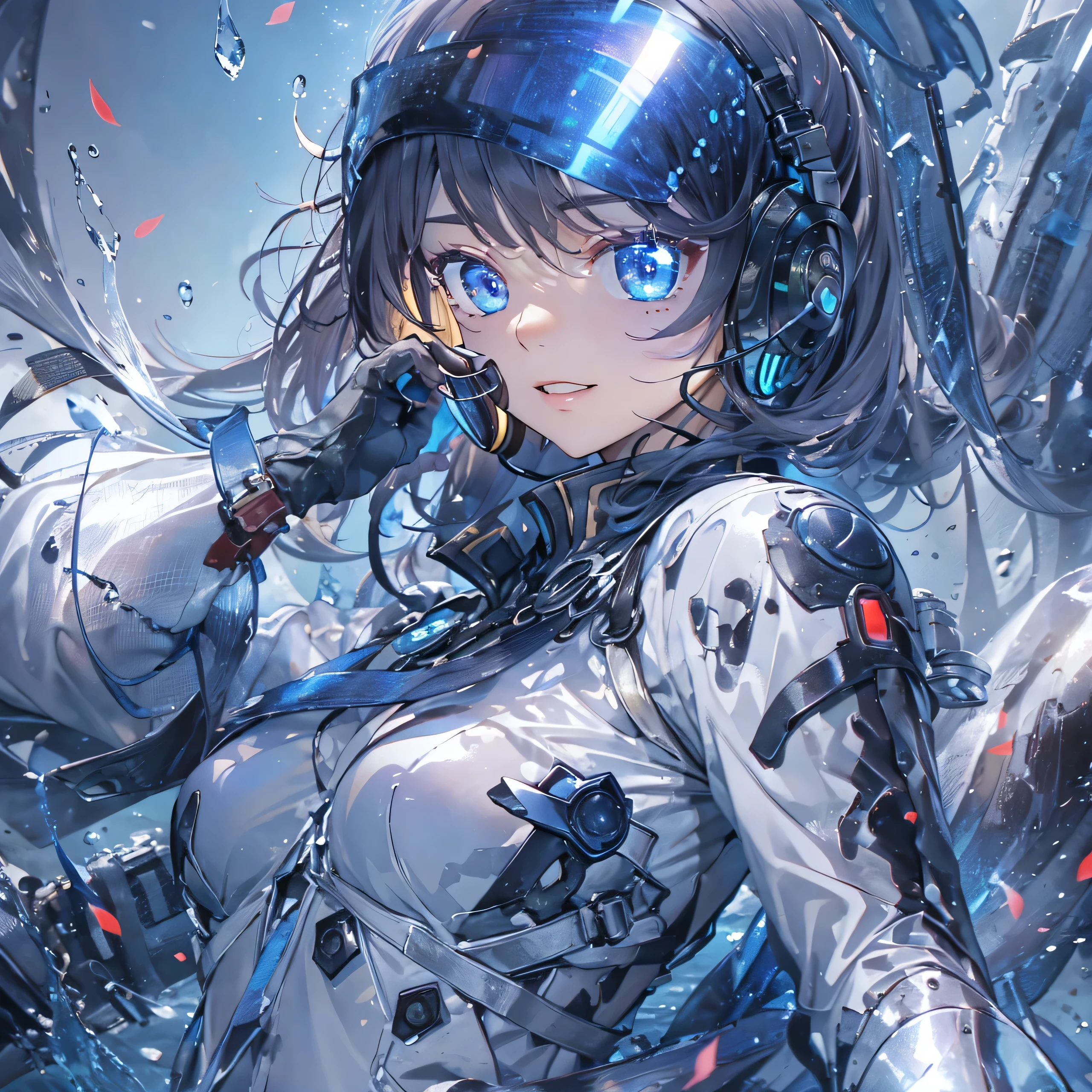 (masterpiece、highest quality、Highest Resolution、Clear_image、Detailed details、Angle from above): (Whole body、One 20 year old girl、Japanese Faces、Small Face、Slender、Navy blue super short bob cut hair、(Hidden small breasts:1.3)、Sparkling blue eyes、Shiny pilot suit in blue and black colors、Chest protection armor、Tight fitting clothes、Clothing that covers the whole body、Glamorous clothes、Tight Fit Pants、Hide your skin、Very delicate and beautiful、Detailed Skin、hide thighs、Hide your ass、Cute、A gentle smile、Soft expression、heroine、headset、Knee-high boots、Elbow-length gloves、Eye Level Shot、Face directly、Woman on a spaceship)