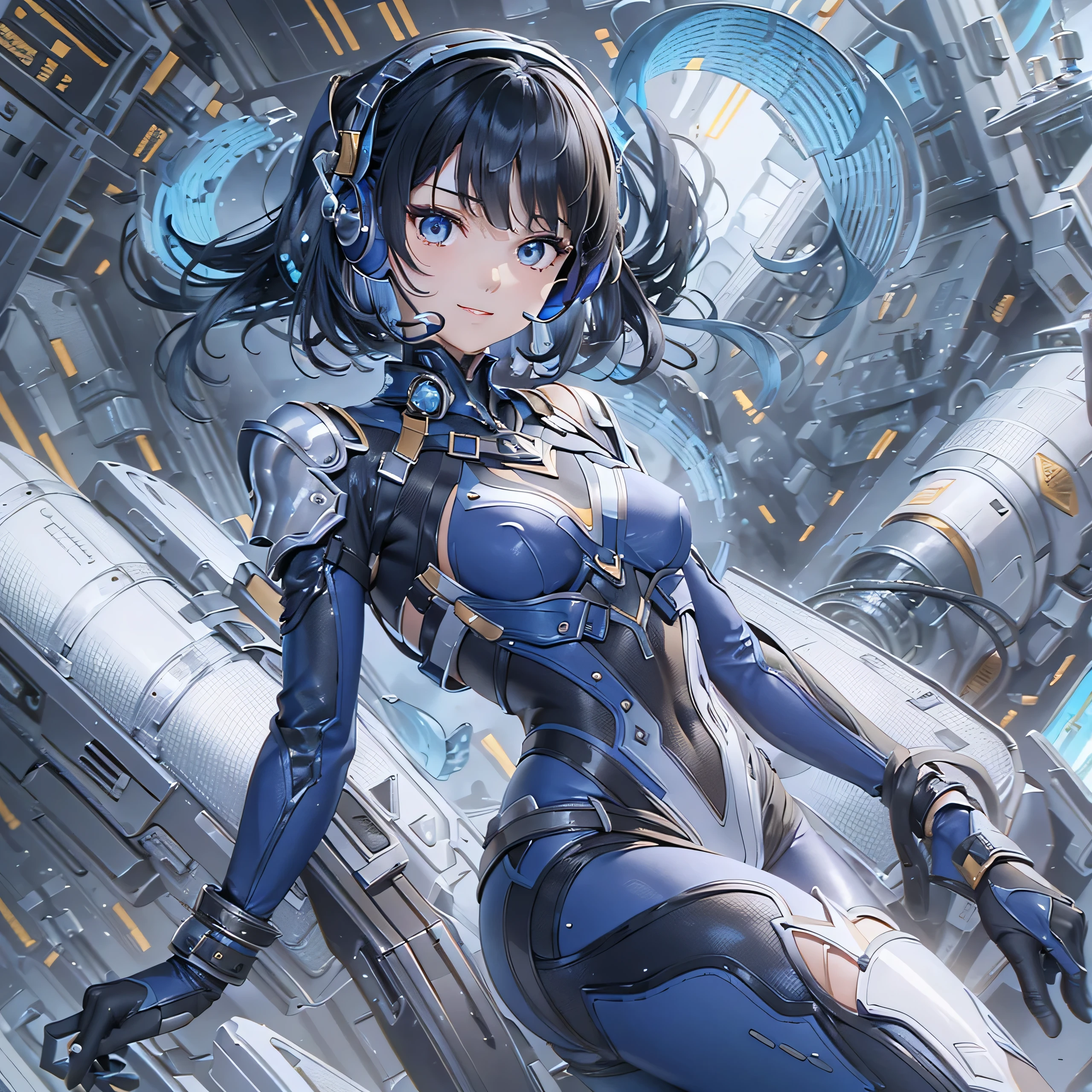 (masterpiece、highest quality、Highest Resolution、Clear_image、Detailed details、Angle from above): (Whole body、One 20 year old girl、Japanese Faces、Small Face、Slender、Navy blue super short bob cut hair、(Hidden small breasts:1.3)、Sparkling blue eyes、Shiny pilot suit in blue and black colors、Chest protection armor、Tight fitting clothes、Clothing that covers the whole body、Glamorous clothes、Tight Fit Pants、Hide your skin、Very delicate and beautiful、Detailed Skin、hide thighs、Hide your ass、Cute、A gentle smile、Soft expression、heroine、headset、Knee-high boots、Elbow-length gloves、Eye Level Shot、Face directly、Woman on a spaceship)