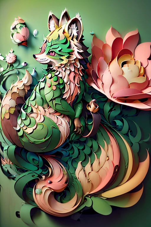 ((((masterpiece))), super high quality, An illustration, Beautiful details shine, raccoon dog, wearing green clothing,Integrating 3D paper sculpture and paper art creation, Uses 3D stereoscopic rendering technology, Facing forward,Light pink background