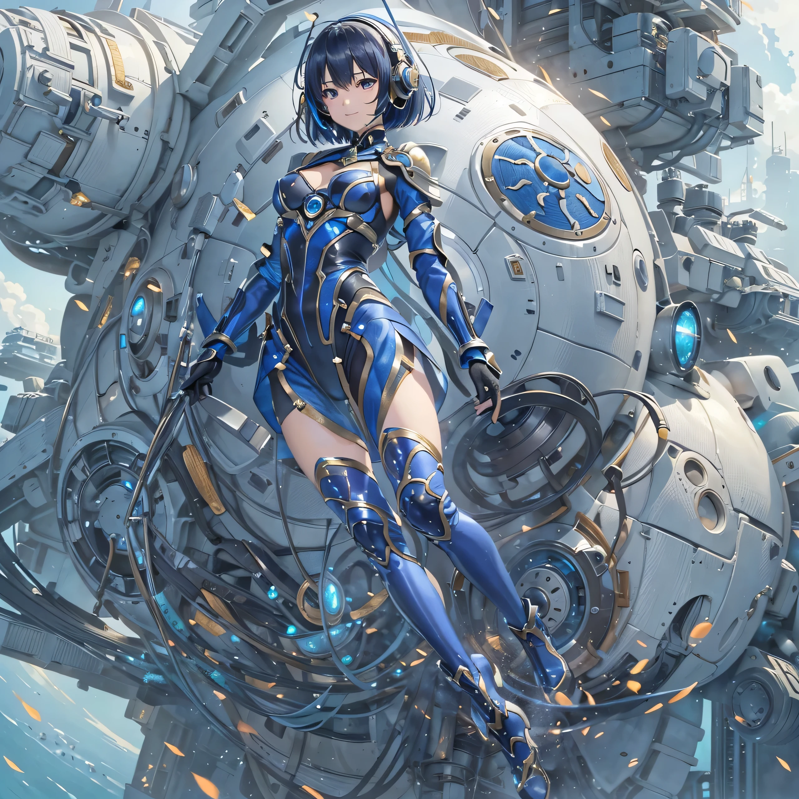 (masterpiece、highest quality、Highest Resolution、Clear_image、Detailed details、Angle from above): (Whole body、One 20 year old girl、Japanese Faces、Small Face、Slender、Navy blue super short bob cut hair、(Hidden small breasts:1.3)、Sparkling blue eyes、Shiny pilot suit in blue and black colors、Chest protection armor、Tight fitting clothes、Clothing that covers the whole body、Glamorous clothes、Tight Fit Pants、Hide your skin、Very delicate and beautiful、Detailed Skin、hide thighs、Hide your ass、Cute、A gentle smile、Soft expression、heroine、headset、Knee-high boots、Elbow-length gloves、Eye Level Shot、Face directly、Woman on a spaceship)