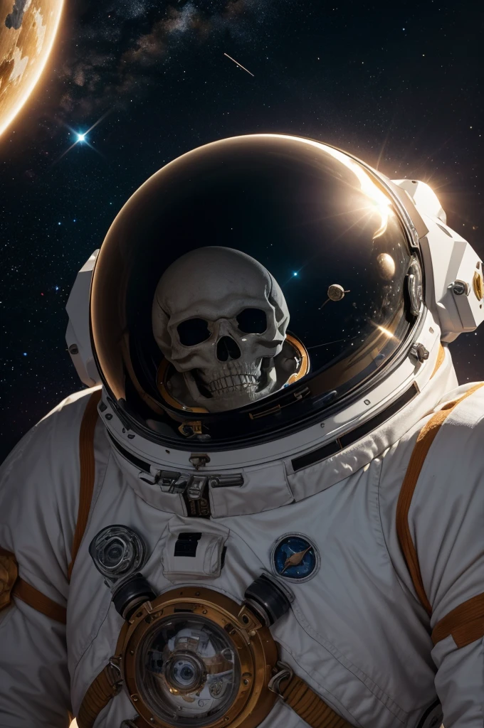Best quality, 8K, crazy details, cinematic lighting, Cosmonaut, Spacesuit, a skeleton, a skeleton в Spacesuitе, space, a skeleton в spaceе, Spacesuit в spaceе, Stars in the background, reflection of the sun, lower body is invisible, the camera is aimed at the face.