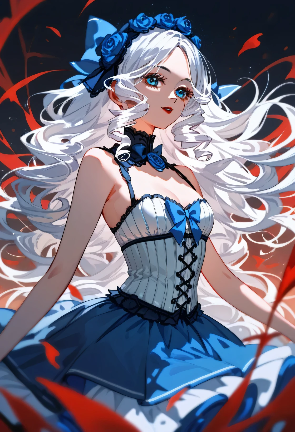 (score_9,score_8_up,score_7_up,score_6_up,score_5_up,score_4_up) Vampire Princess, long curly white hair, blue eyes, Wearing a white corset crop top with little blue bows, white tulle skirt, aesthetic lolita-style background, ultra detailed textures, perfect composition