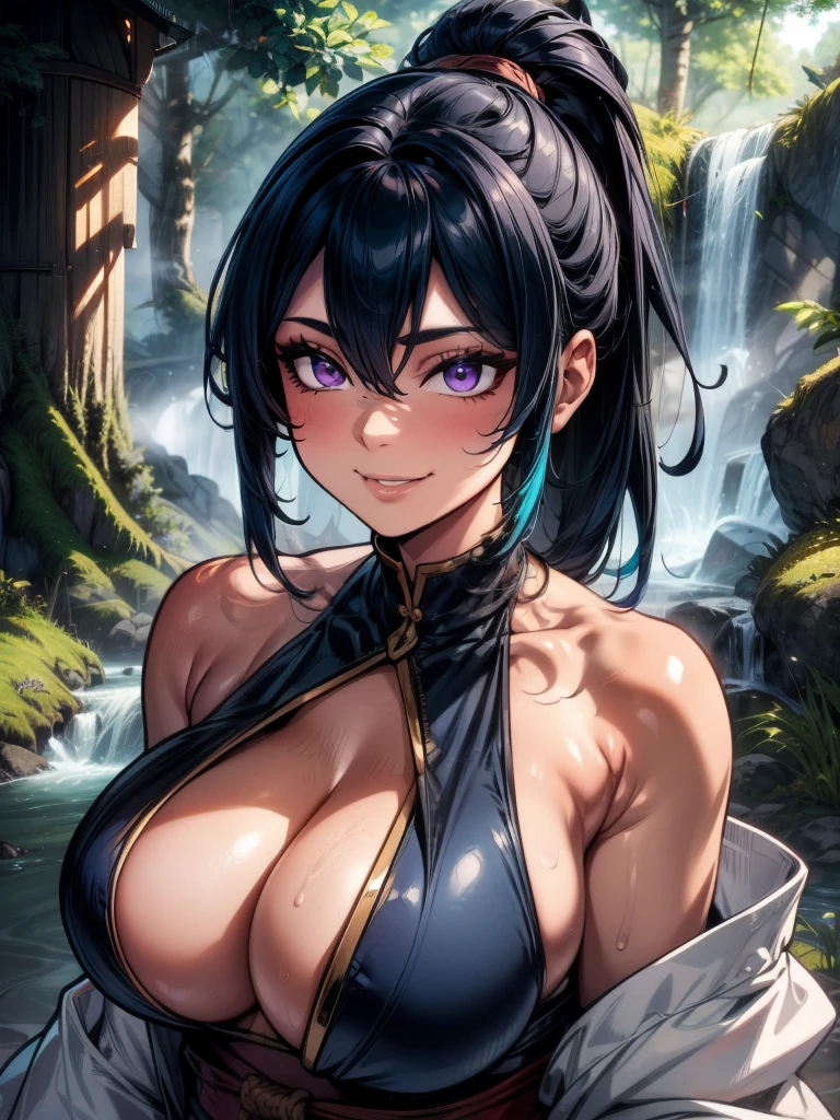 {{{masterpiece}}}, {{{best quality}}}, {{ultra-detailed}}, {cinematic lighting}, {illustration}, {beautifuly detailed eyes}, {1girl}, {half body}, extremely detailed, 1girl, solo, flirtatious pose, A beautiful shinobi warrior, blue hair in a long ponytail, wearing gold and blue clothing, warrior, playful smile, purple eyes, huge breasts, cleavage, hourglass figure, facing viewer, outdoors, woodland background, highly detailed face and clothing, slightly narrow eyes, perfect face, fair skin, hair bangs, long hair, noble beautiful, traditional Japanese clothing, shinobi woman, dynamic camera angle, from above and to the side