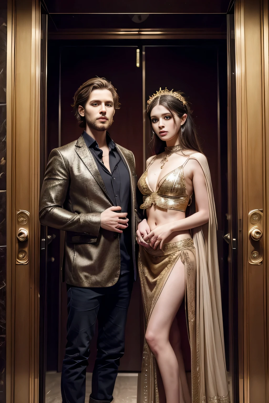 there are two people dressed in costumes standing next to each other, tom bagshaw and sabbas apterus, still from a music video, she is dressed as a belly dancer, group of people in an elevator, 7 0 s visuals, fantastic details full faces, still frame from a movie, medieval peasants, fashion week backstage, by Andrei Kolkoutine, boho, preraphaelite
