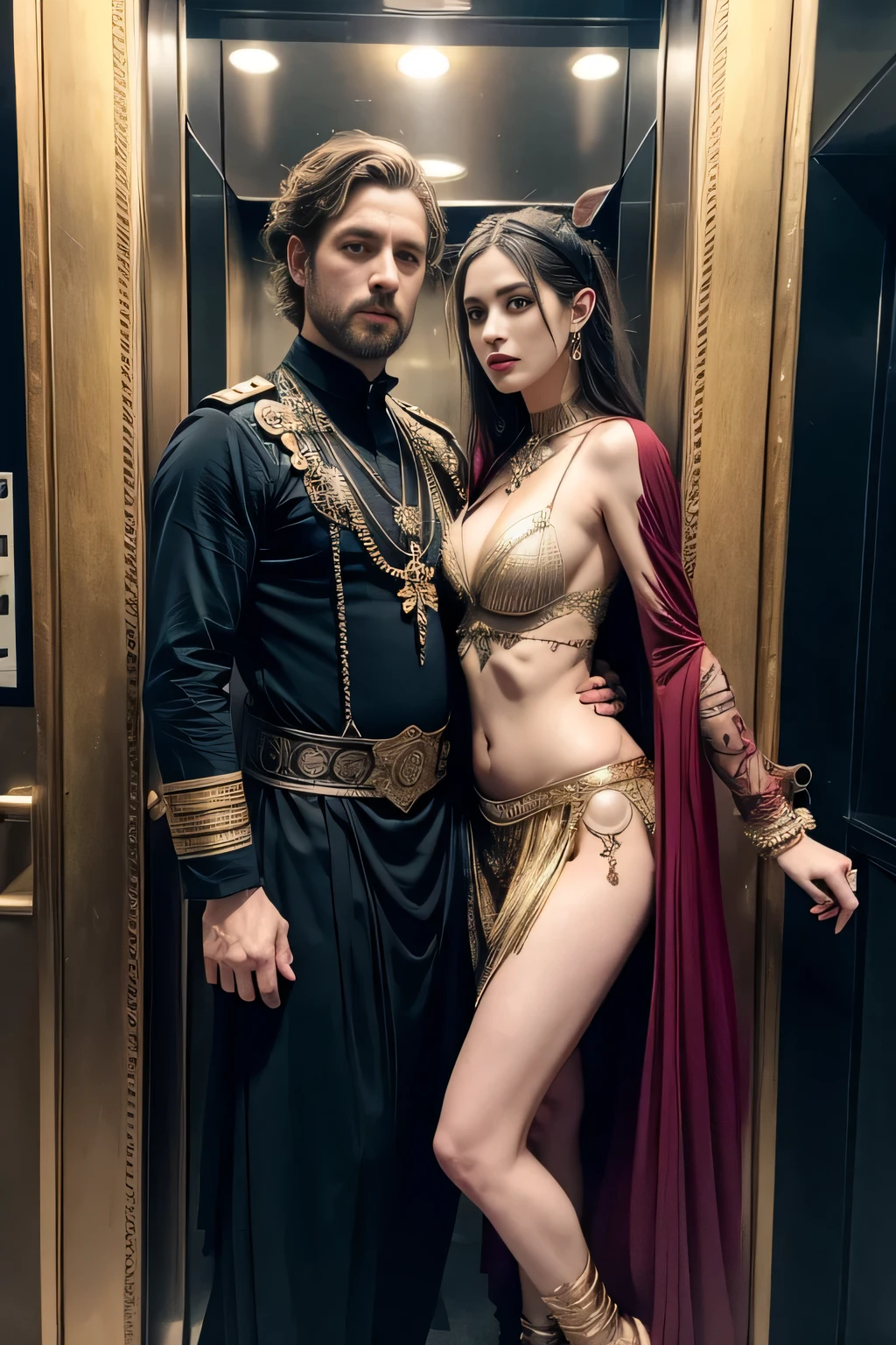there are two people dressed in costumes standing next to each other, tom bagshaw and sabbas apterus, still from a music video, she is dressed as a belly dancer, group of people in an elevator, 7 0 s visuals, fantastic details full faces, still frame from a movie, medieval peasants, fashion week backstage, by Andrei Kolkoutine, boho, preraphaelite