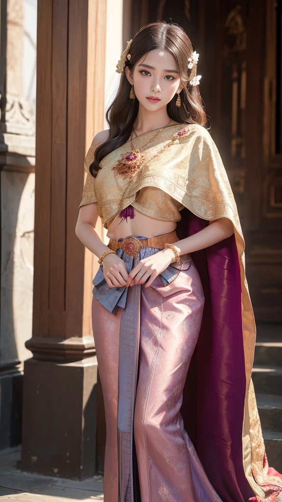 (raw photos:1.2), (realistic:1.4), (Masterpiece:1.3), (best quality:1.4), Ultra high resolution, (Detailed eyes), (Detailed facial features), (Detailed clothing features), HDR, 8K resolution, Focus only, Dressing according to Thai tradition, Traditional shawl , 1 woman , big breasts, A gigantic rift, big breastsดันเสื้อผ้า, big breast, Breasts are fully grown., Make your breasts bigger.., small waist, Long legs, Facing the audience, Full body, depth of field, Cinema-grade lighting system, big breasts, too big for your body, Showing a flat stomach,