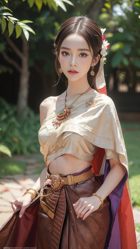 (raw photos:1.2), (realistic:1.4), (Masterpiece:1.3), (best quality:1.4), Ultra high resolution, (Detailed eyes), (Detailed facial features), (Detailed clothing features), HDR, 8K resolution, Focus only, Dressing according to Thai tradition, Traditional shawl , 1 woman , big breasts, A gigantic rift, big breastsดันเสื้อผ้า, big breast, Breasts are fully grown., Make your breasts bigger.., small waist, Long legs, Facing the audience, Full body, depth of field, Cinema-grade lighting system, big breasts,  too big for your body, Showing a flat stomach, 