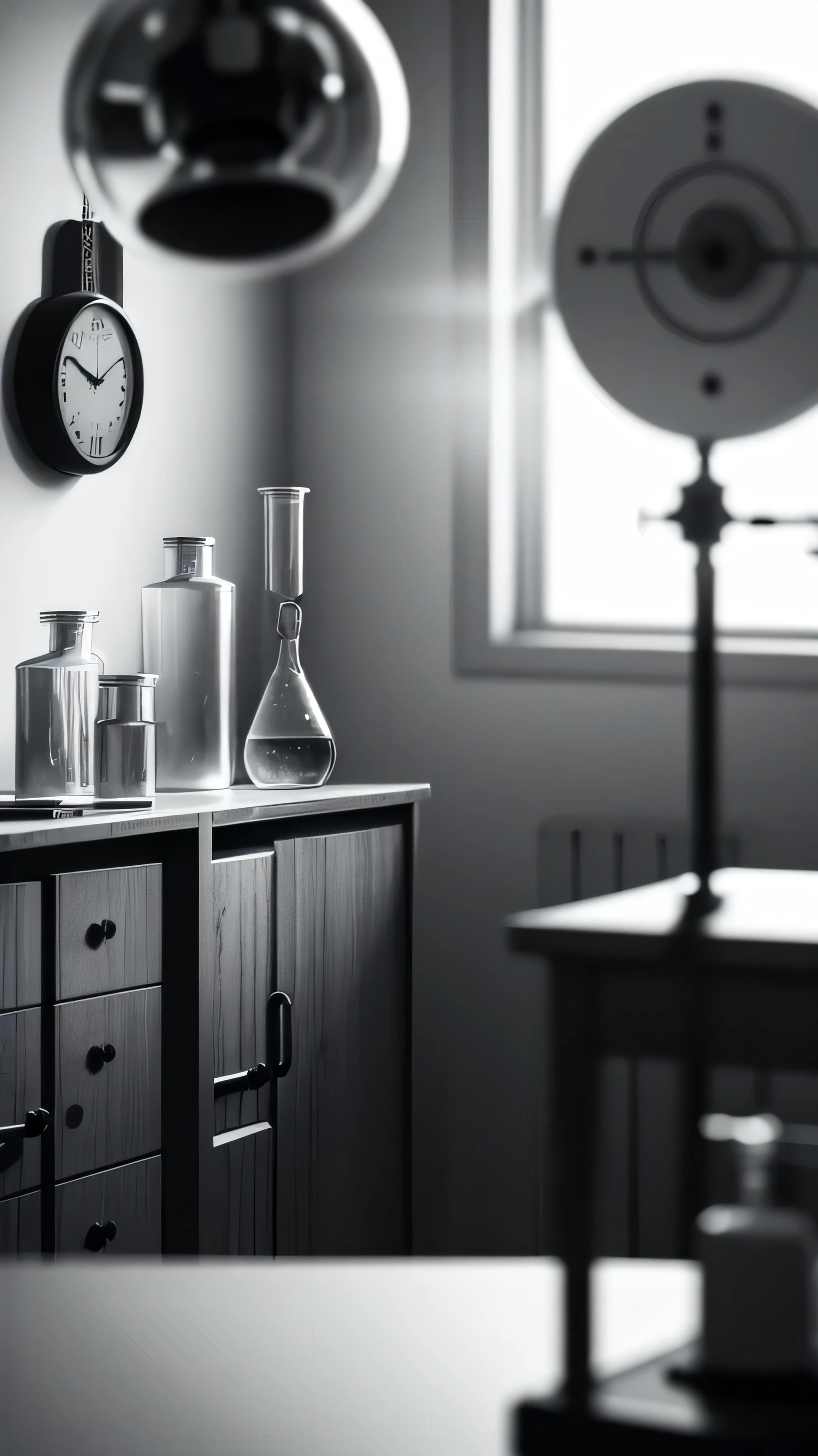 scientist's room, close up, blur, black white photo, 8k