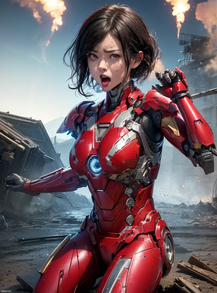  Very detailed, Advanced Details, high quality, 最high quality, High resolution, 1080p, hard disk, beautiful,(Sweaty face,she&#39;Equipped with a severely damaged mech,Full Body Shot　Wearing a bright red Iron Man suit　short hair　Black Hair　Kindergarten girl　Spread your legs wide　Do not expose skin except for the face　Steam coming out of head Steam coming out of head　open one&#39;s mouth in disgust　Losing the battle　The armor is badly damaged　Pieces of armor fly off　I&#39;Under attack.　Ahegao　I feel　Sexy