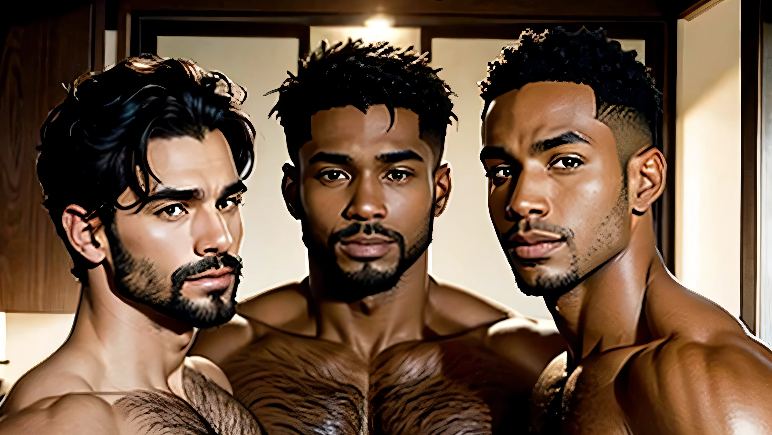 3 BEAUTIFUL BLACK MEN AROUND 35 YEARS OLD SHIRTLESS with very short cut hair WITH FACIAL HAIR AND HAIRY CHEST
