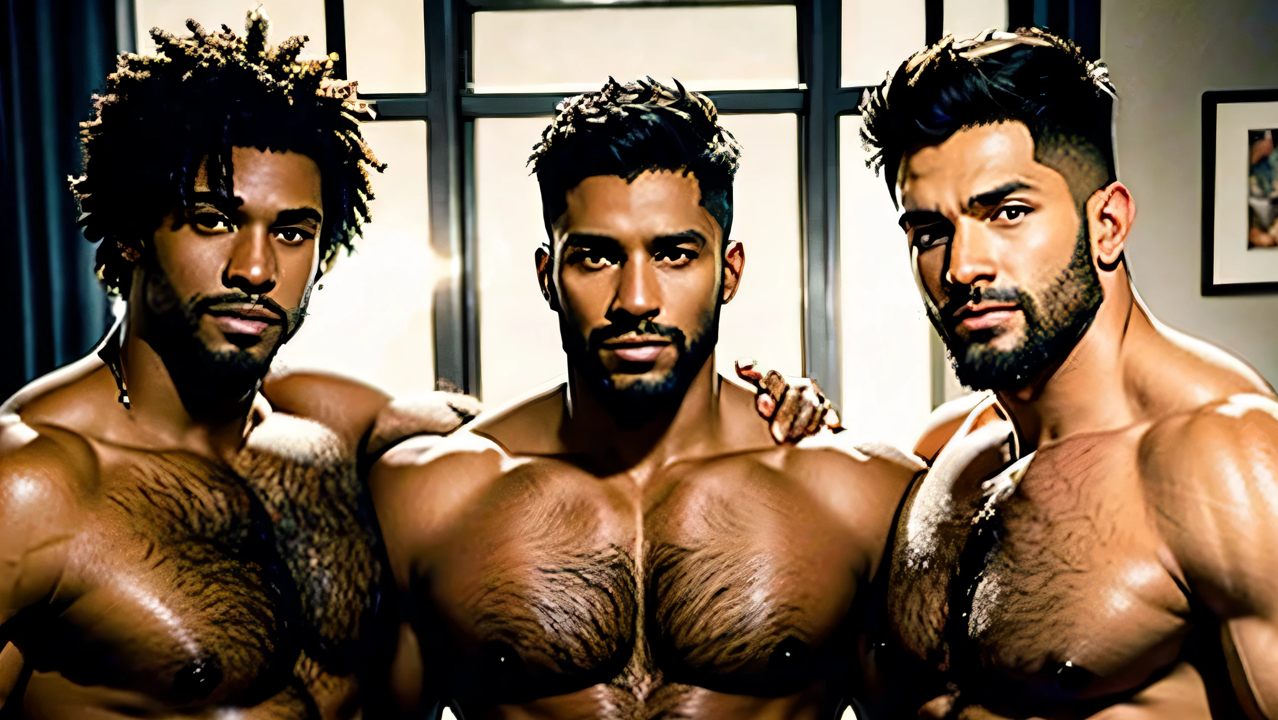 3 BEAUTIFUL BLACK MEN AROUND 35 YEARS OLD SHIRTLESS with very short cut hair WITH FACIAL HAIR AND HAIRY CHEST
