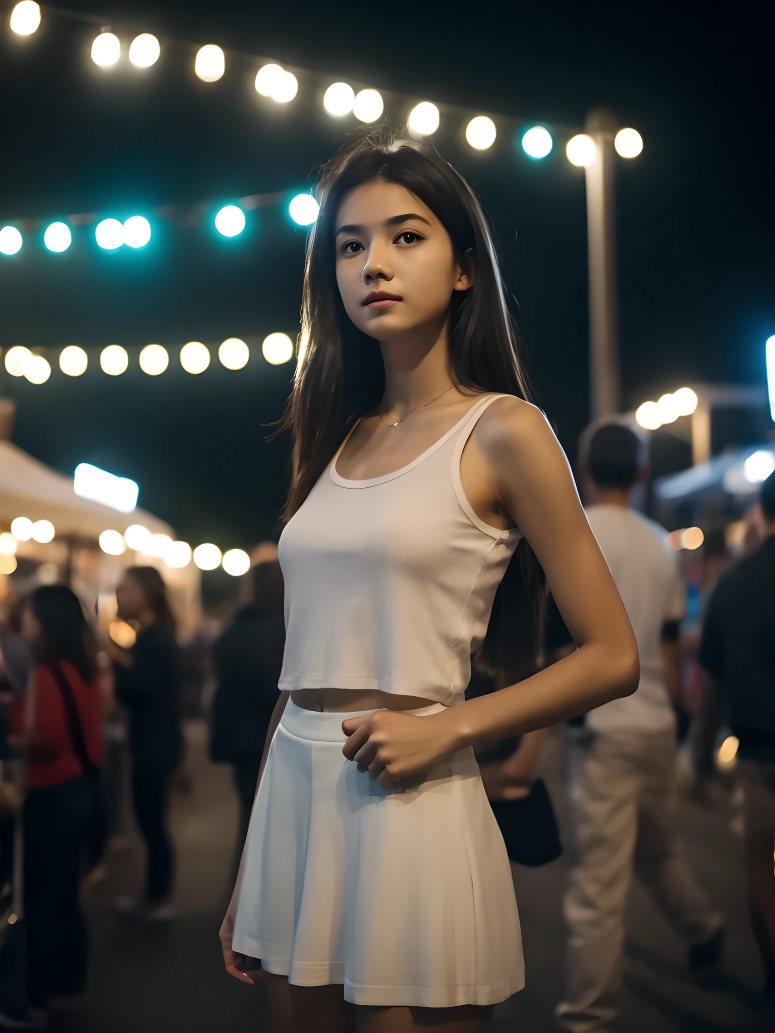 Realistic, 1 girl, long brown hair, slim body,slim face, white skirt, tank top, city street, night market, bokeh,