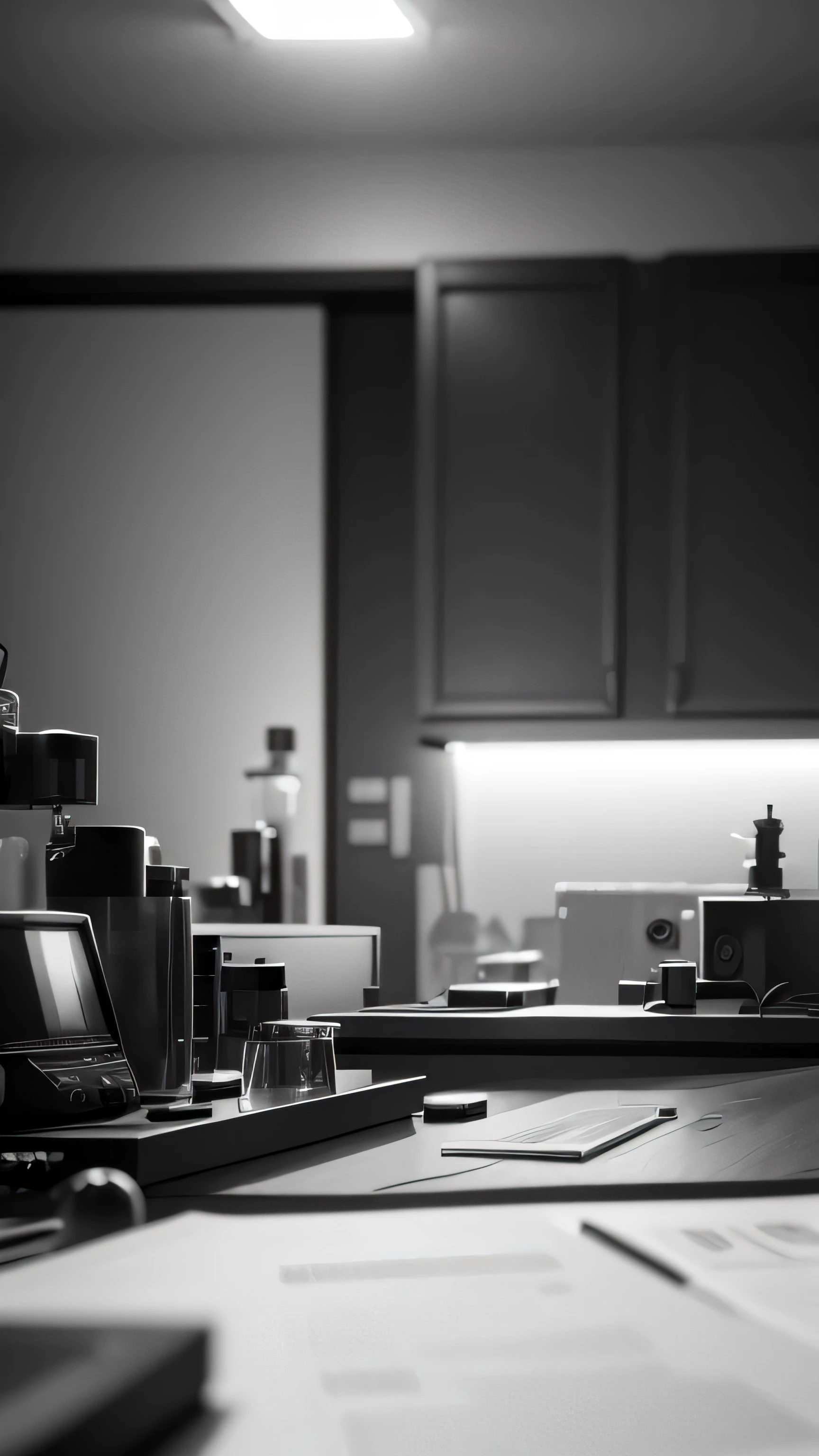 scientist's room, close up, blur, black white photo, 8k