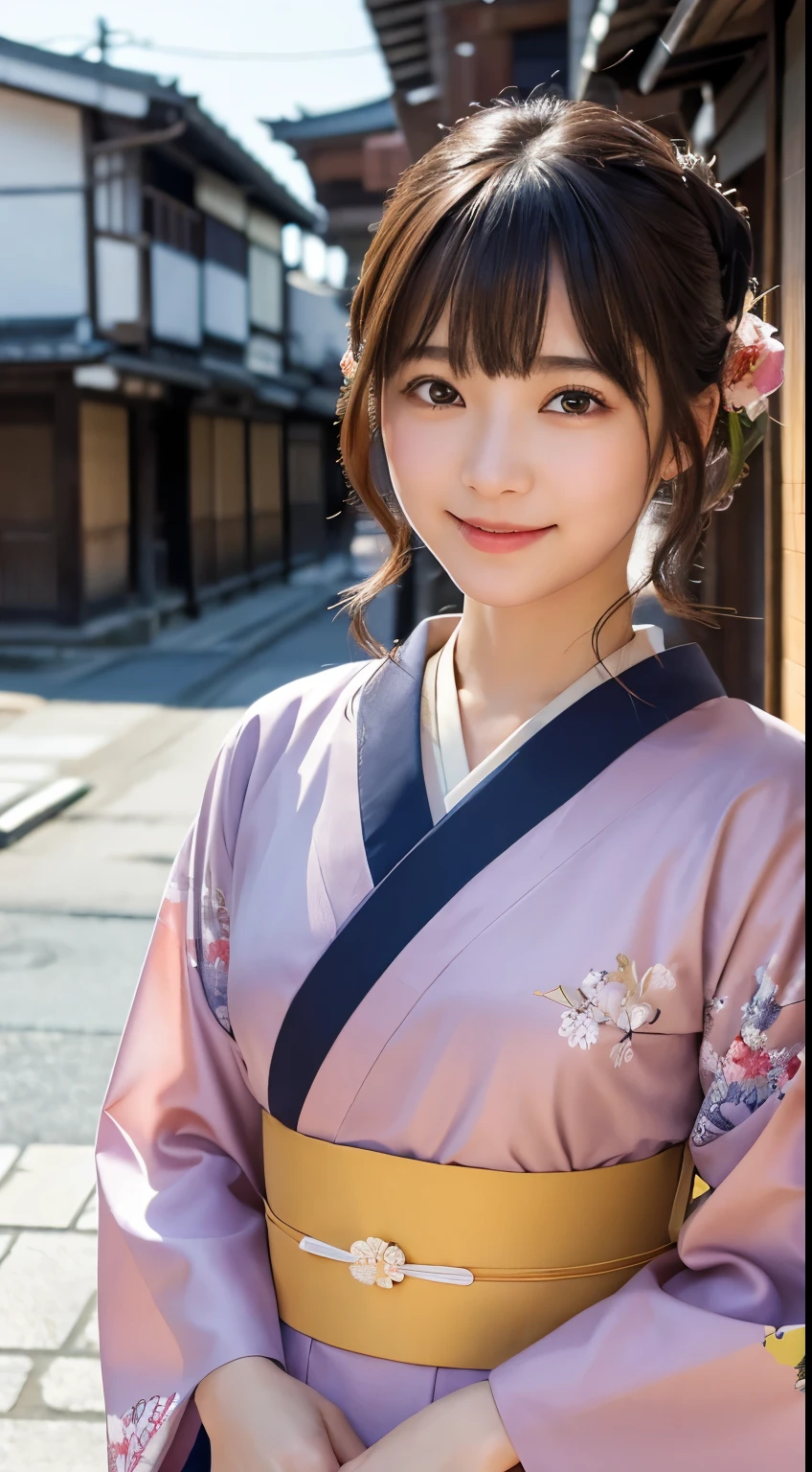 Professional Lighting,(Photorealistic:1.4), (Top image quality:1.0), (超A high resolution:1.0), 8k, Raw photography, (masterpiece:0.2), (Facing the children_v1:0.5)、(最高quality Detail:1.2)、Realistic、8K Ultra HD、High resolution、(1 girl:1.2)、超detailedな、High quality textures、複雑なdetailed、detailed、Very detailed CG、High quality shadows、detailed 美しく繊細な顔、Beautiful details and a delicate eye、(Symmetrical eyes:1.2),Written boundary depth、Ray Tracing,1 girl, Japanese Girls, (Natural smile:1.4),cute, thin, Portrait of a beautiful Japanese woman wearing a kimono, Standing elegantly on a street corner in Kyoto. Kimono with vibrant traditional patterns, Hair decorated with elegant and delicate hairpins, Gentle expression. (With the old streets of Kyoto in the background:1.4)、The soft light of a spring afternoon、Adding tranquility to the scene. Rendered in a Realistic style with great attention to detail, High resolutionの画像.Sky Porn, Magic Hour, (Realistic:1.3), finely, quality, (Tabletop:1.2), (Realistic:1.2), (最高quality), (複雑なdetailed), dramatic, Ray Tracing, photograph, +roller