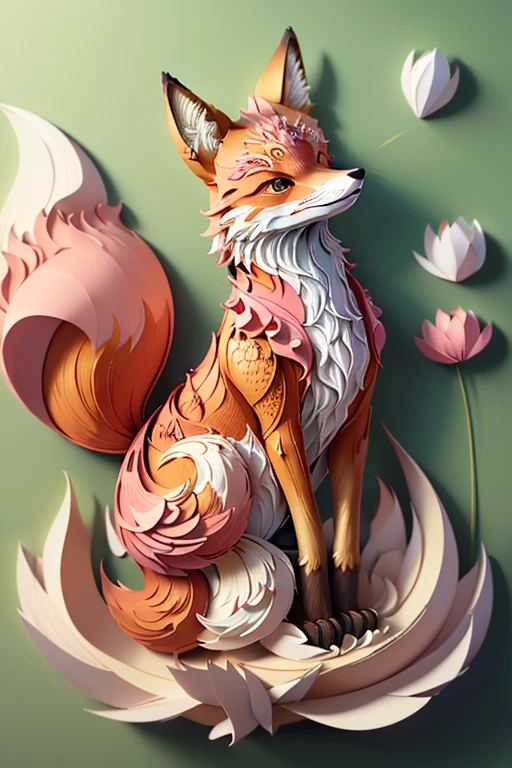 ((((masterpiece))), super high quality, An illustration, Beautiful details shine, fox, Wearing pink clothes,Integrating 3D paper sculpture and paper art creation, Uses 3D stereoscopic rendering technology, Facing forward,The background is light green