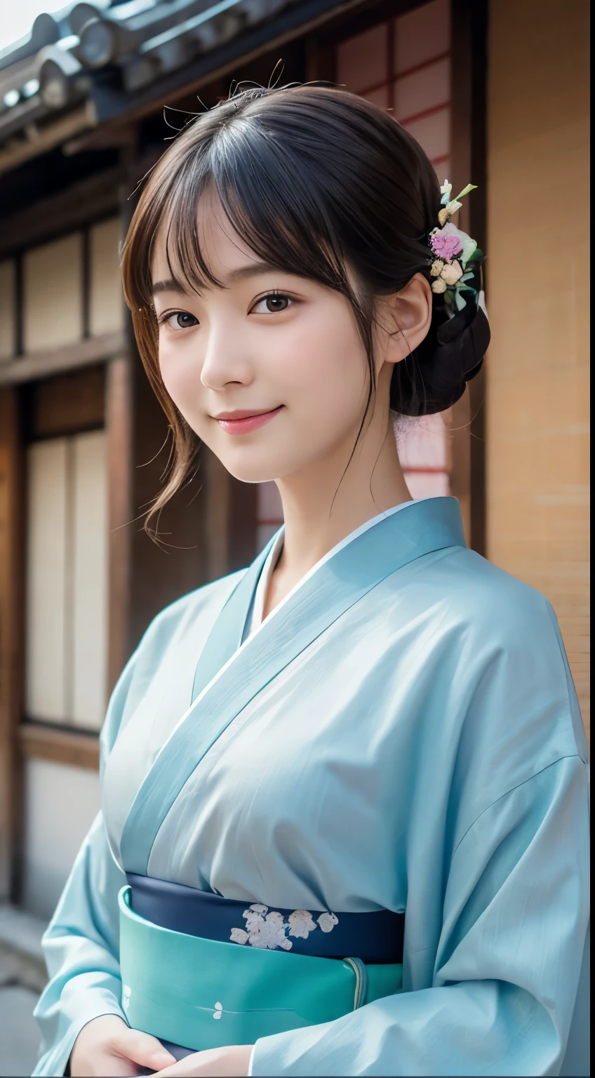 Professional Lighting,(Photorealistic:1.4), (Top image quality:1.0), (超A high resolution:1.0), 8k, Raw photography, (masterpiece:0.2), (Facing the children_v1:0.5)、(最高quality Detail:1.2)、Realistic、8K Ultra HD、High resolution、(1 girl:1.2)、超detailedな、High quality textures、複雑なdetailed、detailed、Very detailed CG、High quality shadows、detailed 美しく繊細な顔、Beautiful details and a delicate eye、(Symmetrical eyes:1.2),Written boundary depth、Ray Tracing,1 girl, Japanese Girls, (Natural smile:1.4),cute, thin, Portrait of a beautiful Japanese woman wearing a kimono, Standing elegantly on a street corner in Kyoto. Kimono with vibrant traditional patterns, Hair decorated with elegant and delicate hairpins, Gentle expression. (With the old streets of Kyoto in the background:1.4)、The soft light of a spring afternoon、Adding tranquility to the scene. Rendered in a Realistic style with great attention to detail, High resolutionの画像.Sky Porn, Magic Hour, (Realistic:1.3), finely, quality, (Tabletop:1.2), (Realistic:1.2), (最高quality), (複雑なdetailed), dramatic, Ray Tracing, photograph, +roller