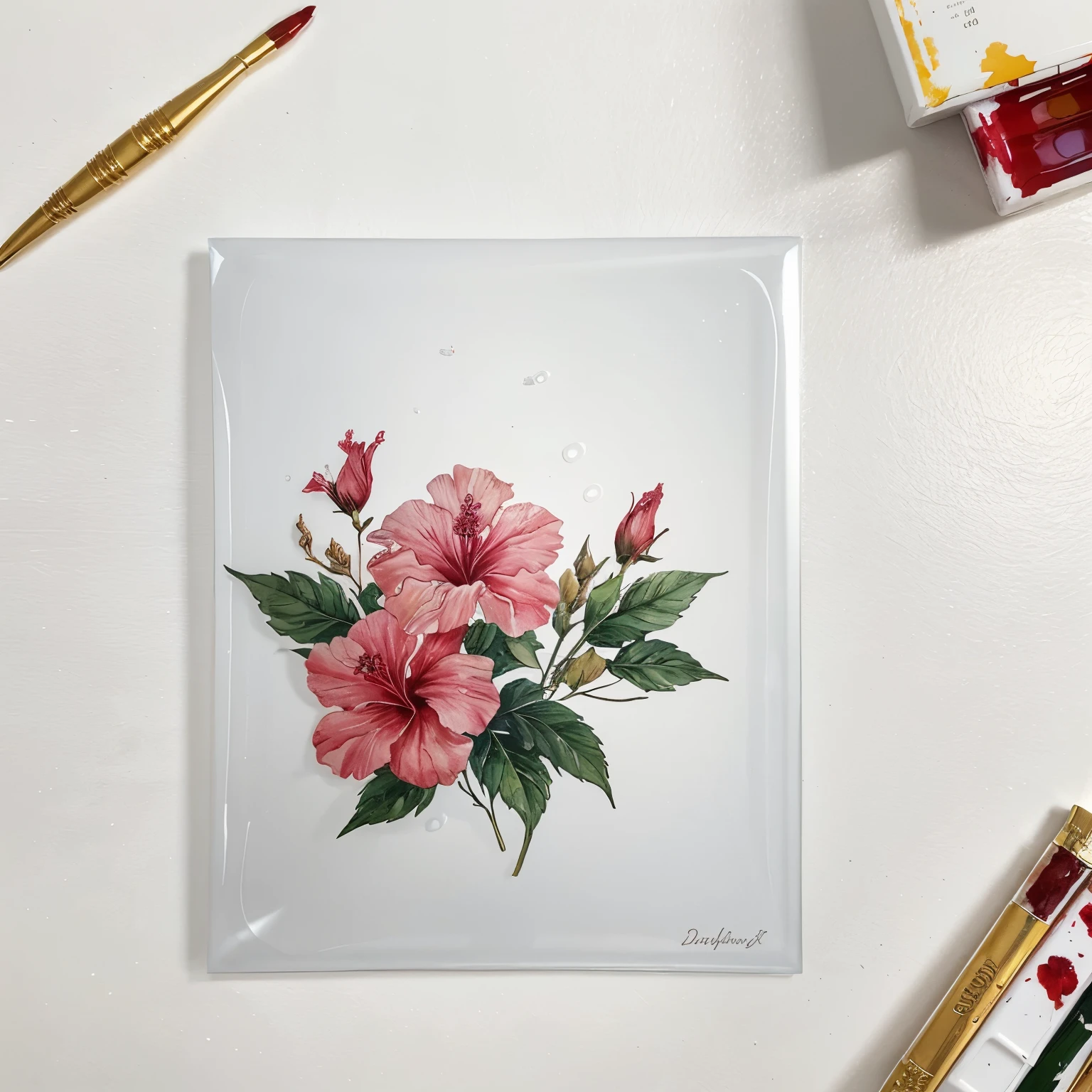 Create a graphic image of an embellishment type, water paint effect, translucent hibiscus on one corner with a white background.