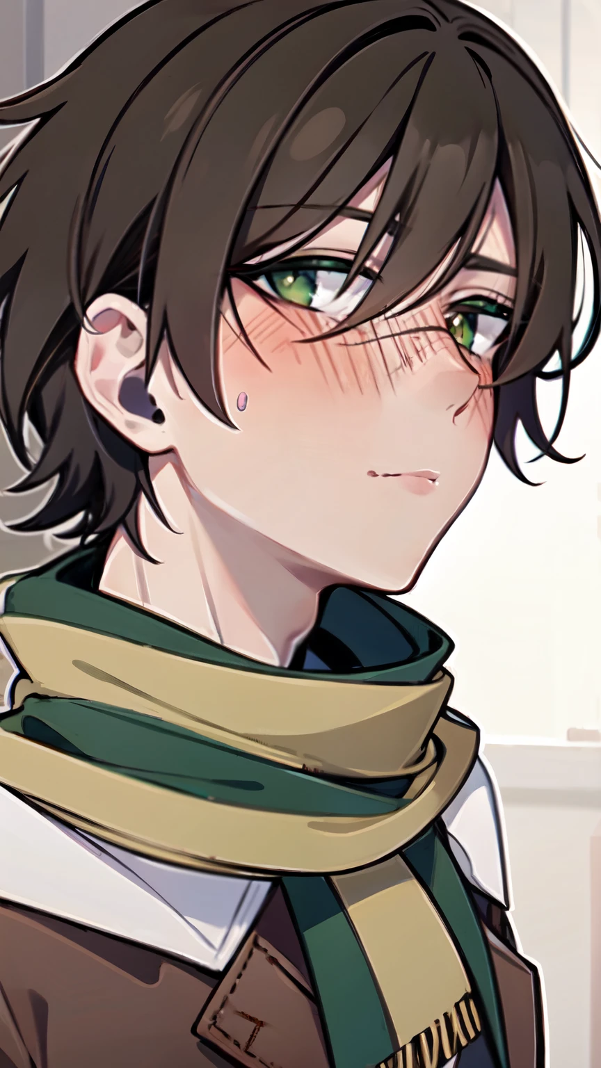 short brown hair, man with scarred face, green eyes, stitches, striped scarf, brown pants, in bed, close up, blush, aroused, tied with rope, full body
