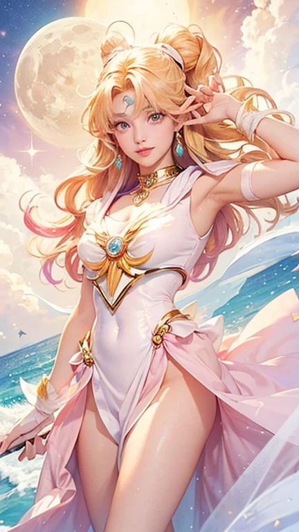 (a girl with sailor moon style),illustration, vibrant colors, magical atmosphere,sparkling eyes,long blonde hair,anime art,smiling expression,cute pose,cosmic background,moonlit night,fantasy world,sparkling stars,stylish outfit,tiara,moon scepter,heart-shaped brooch,wavy hair,flowing ribbons,powerful magical aura,moonlight shining on her,shimmering details,glowing transformation sequence,peaceful and confident,sailor guardian of love and justice,inspired by the iconic anime series. Create an illustration using the soft and ethereal qualities of watercolor. Beautiful pink skin anime model full body, sun-bathing on floating cloud along the suns surface, enticing eyes, curly hair dreamy, background thick clouds,, hyperdetailed, detailed, (masterpiece) . high fashion, luxurious, extravagant, stylish, , opulent, elegance, stunning beauty, professional, high contrast, detailed, Depict a dreamy, whimsical scene with elements that seem to merge with the background