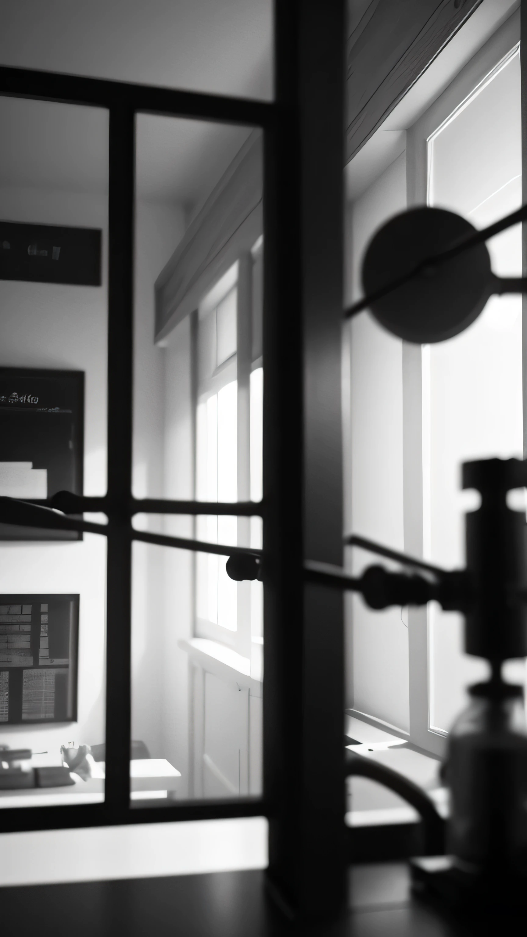 scientist's room, close up, blur, black white photo, 8k