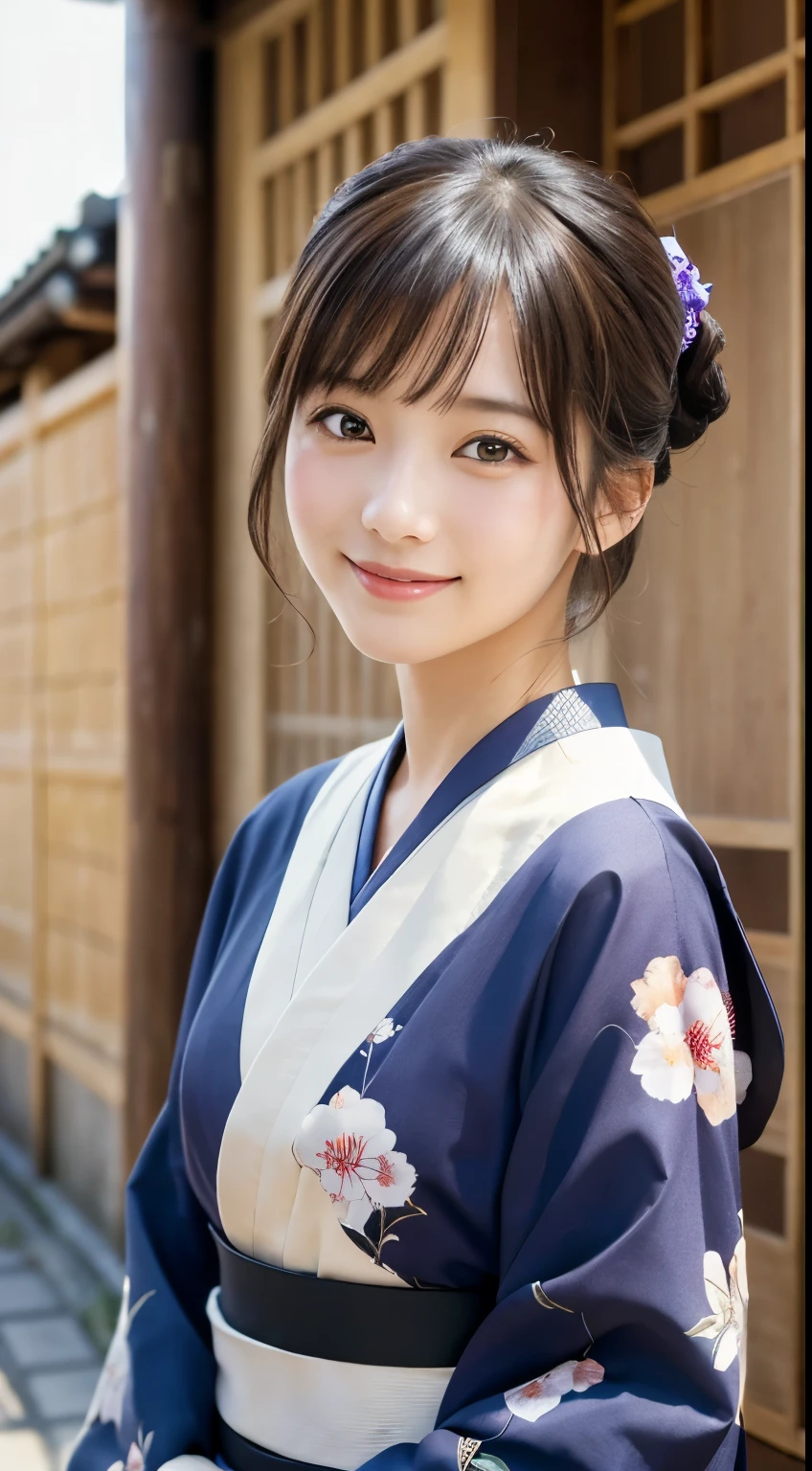 Professional Lighting,(Photorealistic:1.4), (Top image quality:1.0), (超A high resolution:1.0), 8k, Raw photography, (masterpiece:0.2), (Facing the children_v1:0.5)、(最高quality Detail:1.2)、Realistic、8K Ultra HD、High resolution、(1 girl:1.2)、超detailedな、High quality textures、複雑なdetailed、detailed、Very detailed CG、High quality shadows、detailed 美しく繊細な顔、Beautiful details and a delicate eye、(Symmetrical eyes:1.2),Written boundary depth、Ray Tracing,1 girl, Japanese Girls, (Natural smile:1.4),cute, thin, Portrait of a beautiful Japanese woman wearing a kimono, Standing elegantly on a street corner in Kyoto. Kimono with vibrant traditional patterns, Hair decorated with elegant and delicate hairpins, Gentle expression. (With the old streets of Kyoto in the background:1.4)、The soft light of a spring afternoon、Adding tranquility to the scene. Rendered in a Realistic style with great attention to detail, High resolutionの画像.Sky Porn, Magic Hour, (Realistic:1.3), finely, quality, (Tabletop:1.2), (Realistic:1.2), (最高quality), (複雑なdetailed), dramatic, Ray Tracing, photograph, +roller
