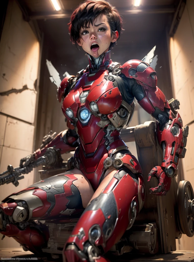  Very detailed, Advanced Details, high quality, 最high quality, High resolution, 1080p, hard disk, beautiful,(Sweaty face,she&#39;Equipped with a severely damaged mech,Full Body Shot　Wearing a bright red Iron Man suit　short hair　Black Hair　Kindergarten girl　Spread your legs wide　Do not expose skin except for the face　Steam coming out of head Steam coming out of head　open one&#39;s mouth in disgust　Losing the battle　The armor is badly damaged　Pieces of armor fly off　I&#39;Under attack.　Ahegao　I feel　Sexy