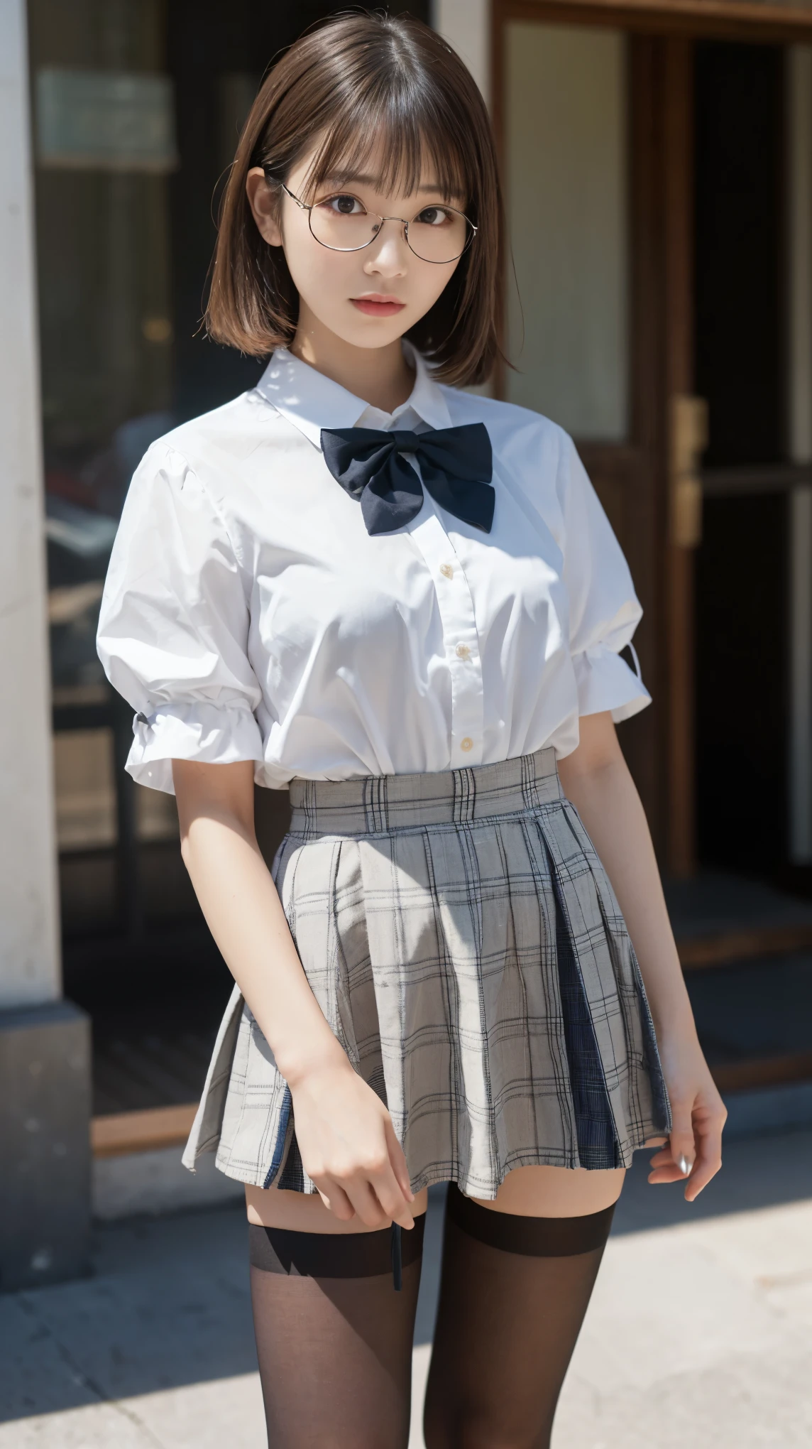 (8k、RAW Photosgraphy、highest quality、masterpiece:1.2),Black Pantyhose,Absurd,Small Face,,Flat Chest,前hairを真ん中から分ける、The forehead is visible,(eyeを細めて,strong,skinny,Sanding,Rage)、masterpiece,highest quality、超A high resolution,RAW Photos,Len,Beautiful poop,one person, solo,Glasses,,Dark look,Small breasts,whole body,Round Glasses、cute、Japanese women,standing,(eyeを細めて,strong,skinny,Sanding,Rage,,Flat Chest)、(Photorealistic:1.37)、Photon Mapping,Light blue ribbon,Realistic、cute顔,茶色のeye、Black socks、(Red bow tie)、Radio City、物理ベースLenダリング、prospect、Depth of written boundary、Blurred Background、picture,Girls、body, Long legs, Thin legs,Semi-bob cut,(前hairが見える), hair, Lips, green_eye, Nose Soft,White shirt, Navy blue and white plaid pleated skirt, I can see your knees,See-through clothing,, thigh, black cotton socks,Nogizaka Idol, , Japanese Ido