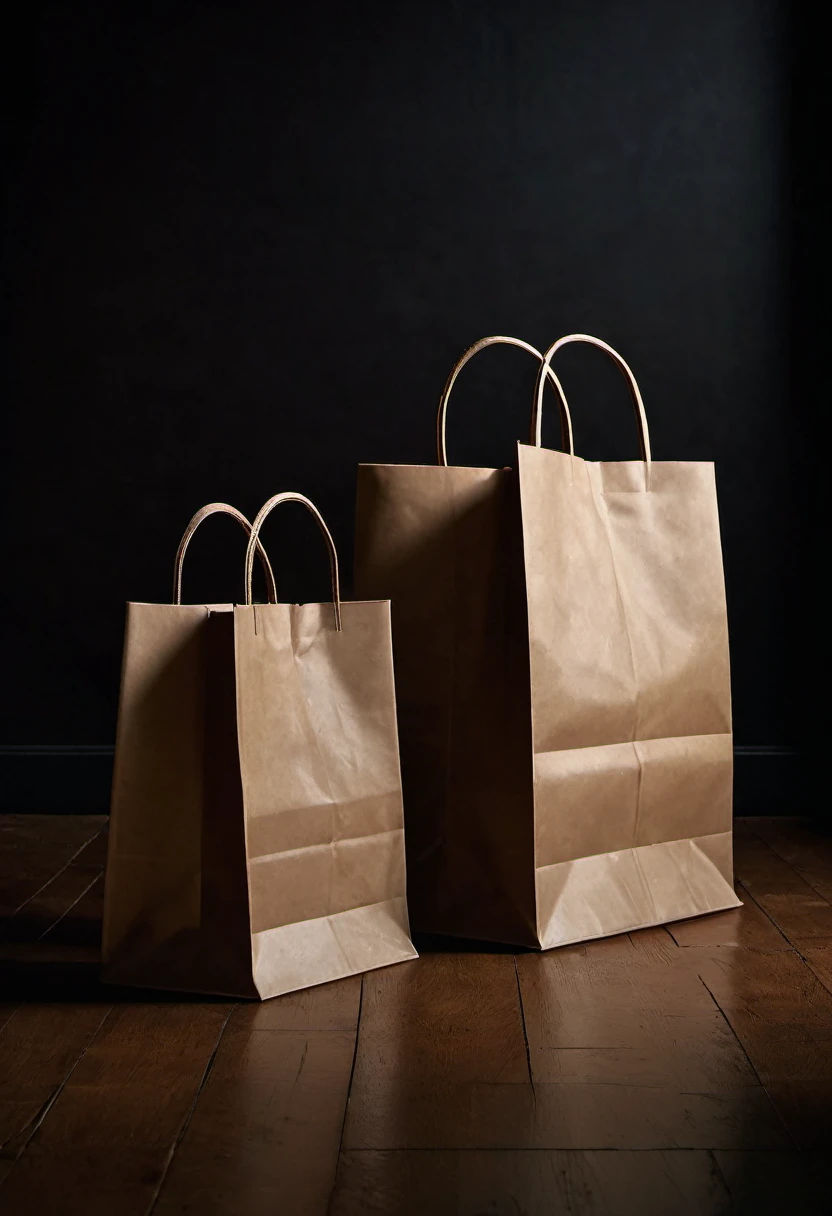 Two brown paper shopping bags ressting on the floor, captured from the narrow side, against a dark background, fujifilm provia 400x, massurrealism, luminous shadows, cranberrycore, renaissance-inspired chiaroscuro, minimalist backgrounds - HDRI.