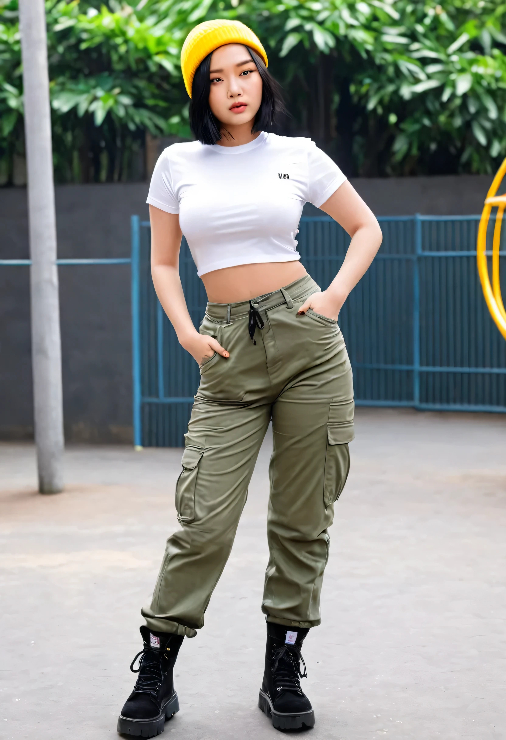 Professional, realistic, High level of detail, Full body photo of 18 years old woman, korean, Tight cargo pants, (white crop top t-shirt:1.3_MUST), (yelloe-off beanie:1.3(MUST)), (glossy black hair in blunt bob:1.3), full body, Standing posing for a photo, hands in a pocket:1.3(Must) on a playground, photogrnic pose, (random standing pose: 1.3) ,Natural light, (Attractive young woman:1.3), (seductive:1.1), (blush:1.1), round and big breasts, cleavage, bacgkround at afternoon playground in south jakarta buildings