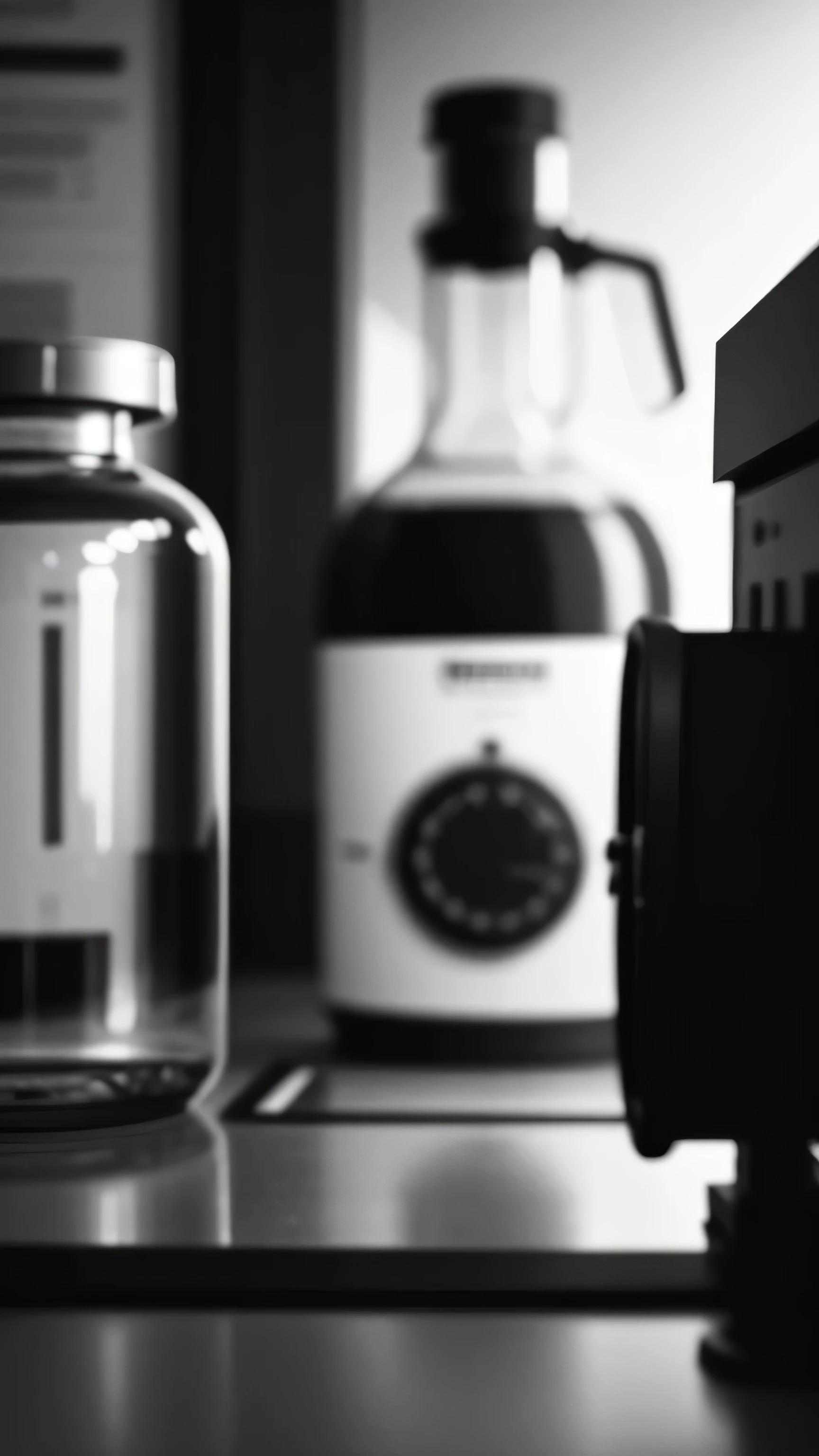 scientist's room, close up, blur, black white photo, 8k