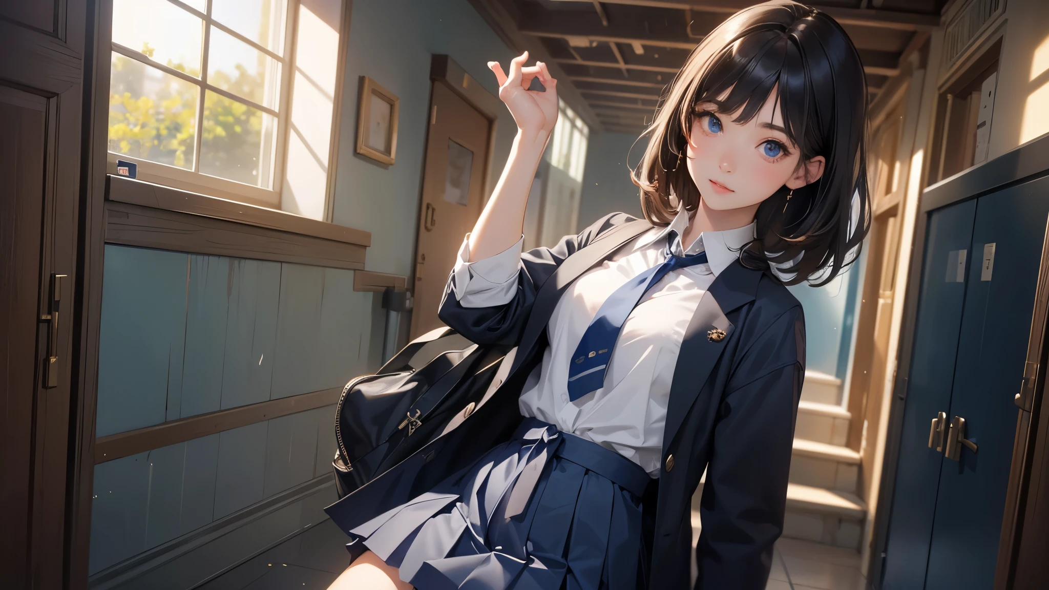 8k, highest quality, The real picture, Intricate details, Very detailed, Ultra-high resolution, Depth Field,(Realistic,Realistic:1.2),Tabletop , Front shot , From the center , 1 girl, eye_Chan, Very beautiful girl, 無邪気な大きなeye,、Beautiful breasts:1.5、Very detailedなeye:1.2)、(Beautiful breasts:1.1)、Wavy Hair、short hair、bangs、, Perfect Skin, Fair skin, Cleavage, Small breasts,Tight waist, Lightly reddish, alone、 (Looking at the audience)、A light smile、((School_uniform),(Dark Blue Blazer), (White shirt、Wear a tie), (Grey pleated skirt), (Sculptural installation :1.1))、High School Hallway