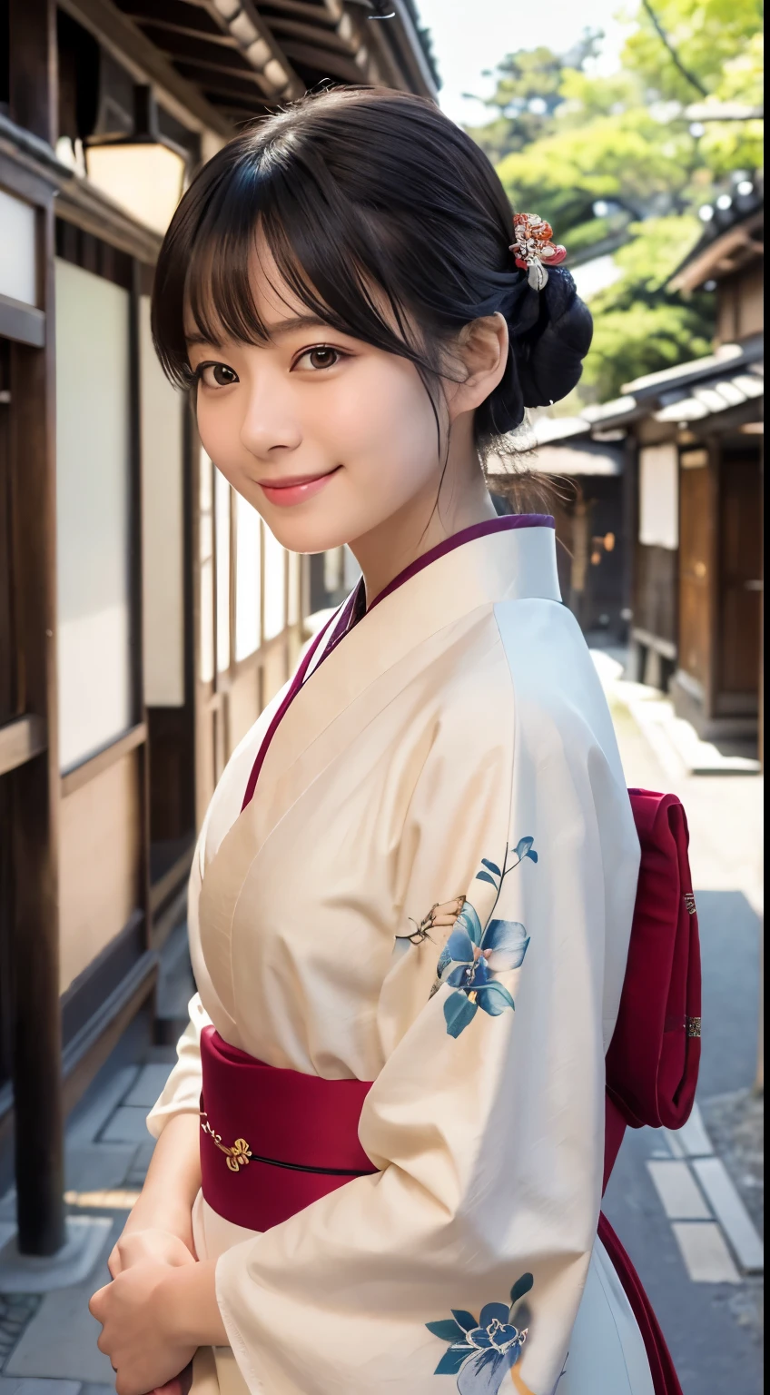 Professional Lighting,(Photorealistic:1.4), (Top image quality:1.0), (超A high resolution:1.0), 8k, Raw photography, (masterpiece:0.2), (Facing the children_v1:0.5)、(最高quality Detail:1.2)、Realistic、8K Ultra HD、High resolution、(1 girl:1.2)、超detailedな、High quality textures、複雑なdetailed、detailed、Very detailed CG、High quality shadows、detailed 美しく繊細な顔、Beautiful details and a delicate eye、(Symmetrical eyes:1.2),Written boundary depth、Ray Tracing,1 girl, Japanese Girls, (Natural smile:1.4),cute, thin, Portrait of a beautiful Japanese woman wearing a kimono, Standing elegantly on a street corner in Kyoto. Kimono with vibrant traditional patterns, Hair decorated with elegant and delicate hairpins, Gentle expression. (With the old streets of Kyoto in the background:1.4)、The soft light of a spring afternoon、Adding tranquility to the scene. Rendered in a Realistic style with great attention to detail, High resolutionの画像.Sky Porn, Magic Hour, (Realistic:1.3), finely, quality, (Tabletop:1.2), (Realistic:1.2), (最高quality), (複雑なdetailed), dramatic, Ray Tracing, photograph, +roller