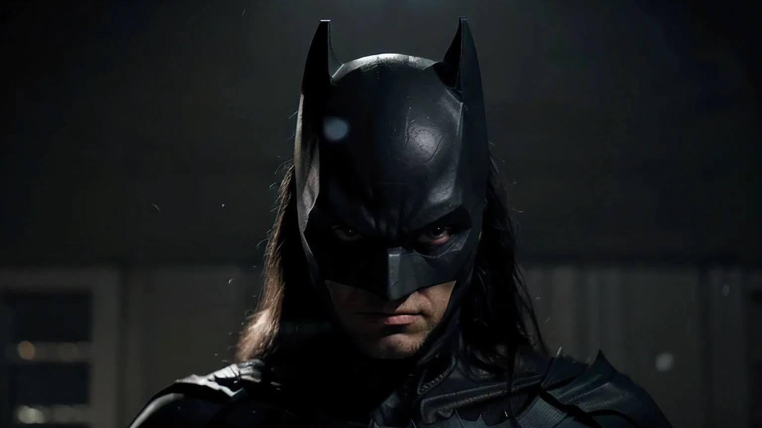 batman, batman que rie, batman darkmetal, en la oscuridad solo se ve el rostro, f/16, 135mm, Sony FE GM, Nikon, 360 view, first-person view, cinematic lighting, reflection light, ray tracing, high quality, 8k, 16k, highres, best quality, award winning, high details, super detail, anatomically correct, masterpiece