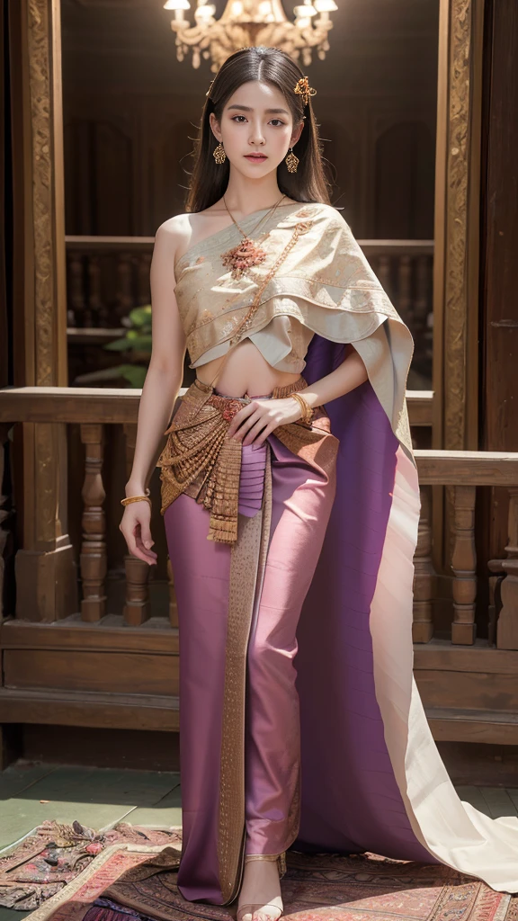 (raw photos:1.2), (realistic:1.4), (Masterpiece:1.3), (best quality:1.4), Ultra high resolution, (Detailed eyes), (Detailed facial features), (Detailed clothing features), HDR, 8K resolution, Focus only, Dressing according to Thai tradition, Traditional shawl , 1 woman , big breasts, A gigantic rift, big breastsดันเสื้อผ้า, big breast, Breasts are fully grown., Make your breasts bigger.., small waist, Long legs, Facing the audience, Full body, depth of field, Cinema-grade lighting system, big breasts,  too big for your body, Showing a flat stomach, The lower half of the breast is visible.